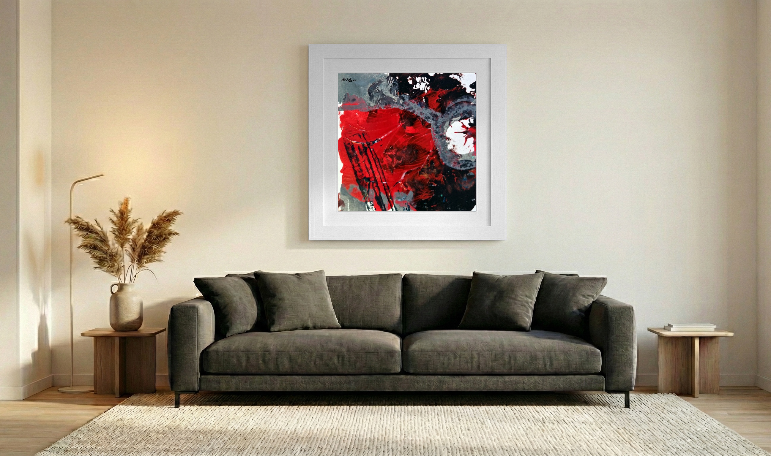 Crimson and Gray Acrylic on Paper — art on the wall, room interior preview 3