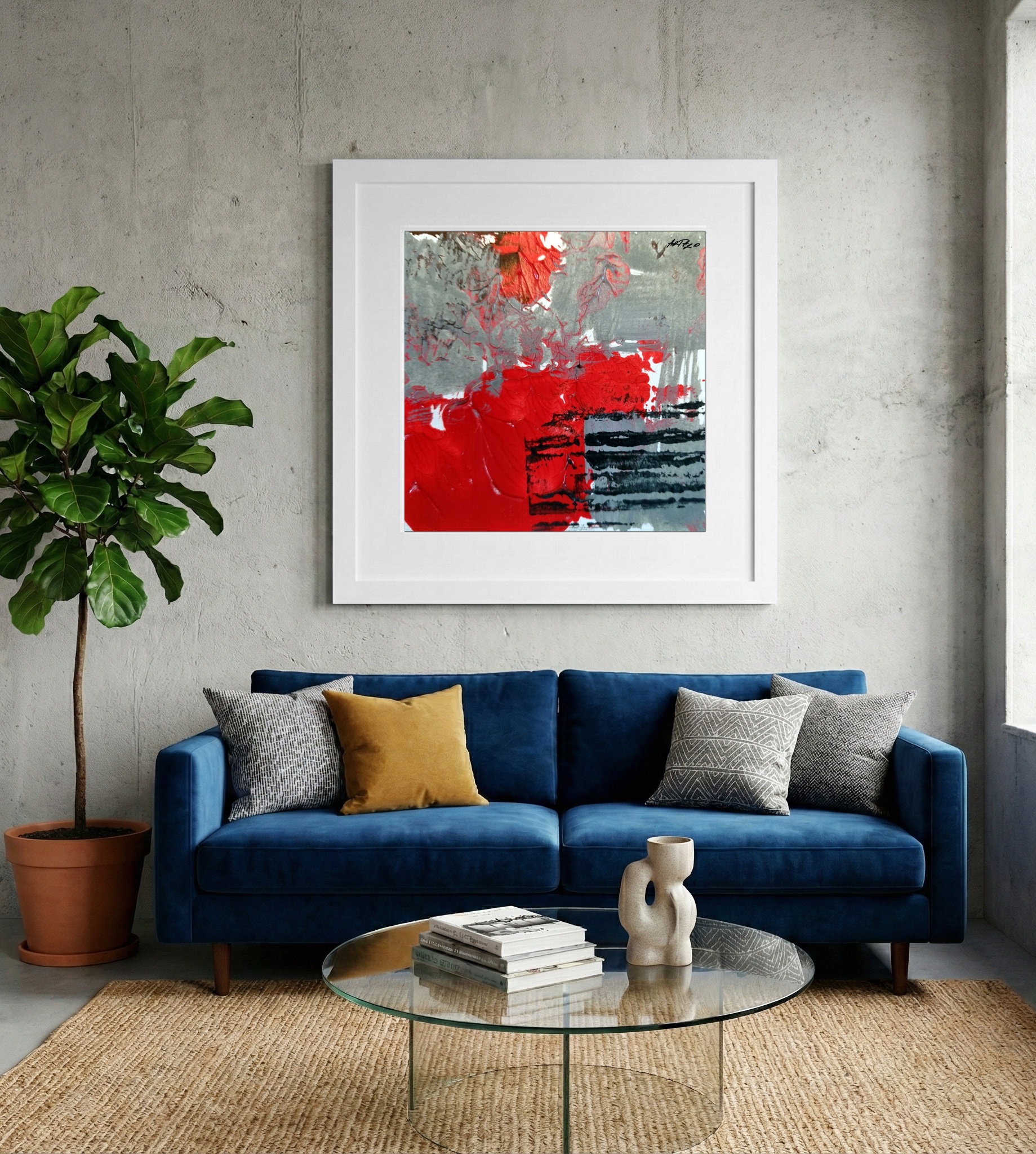 Crimson and Gray Dynamic Abstract on Paper — art on the wall, room interior preview 2
