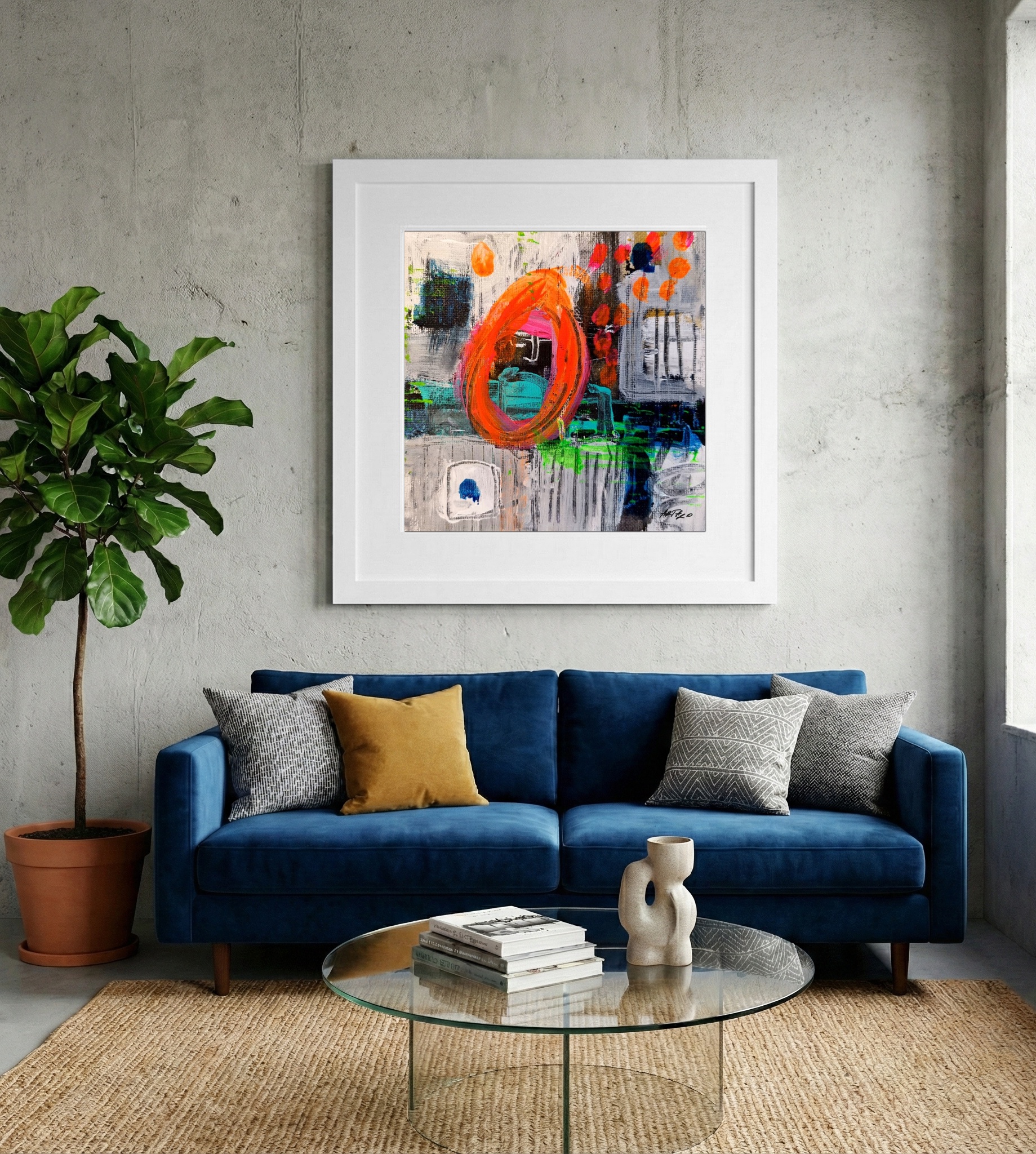 Bold Orange and Gray Abstract on Linen — art on the wall, room interior preview 2