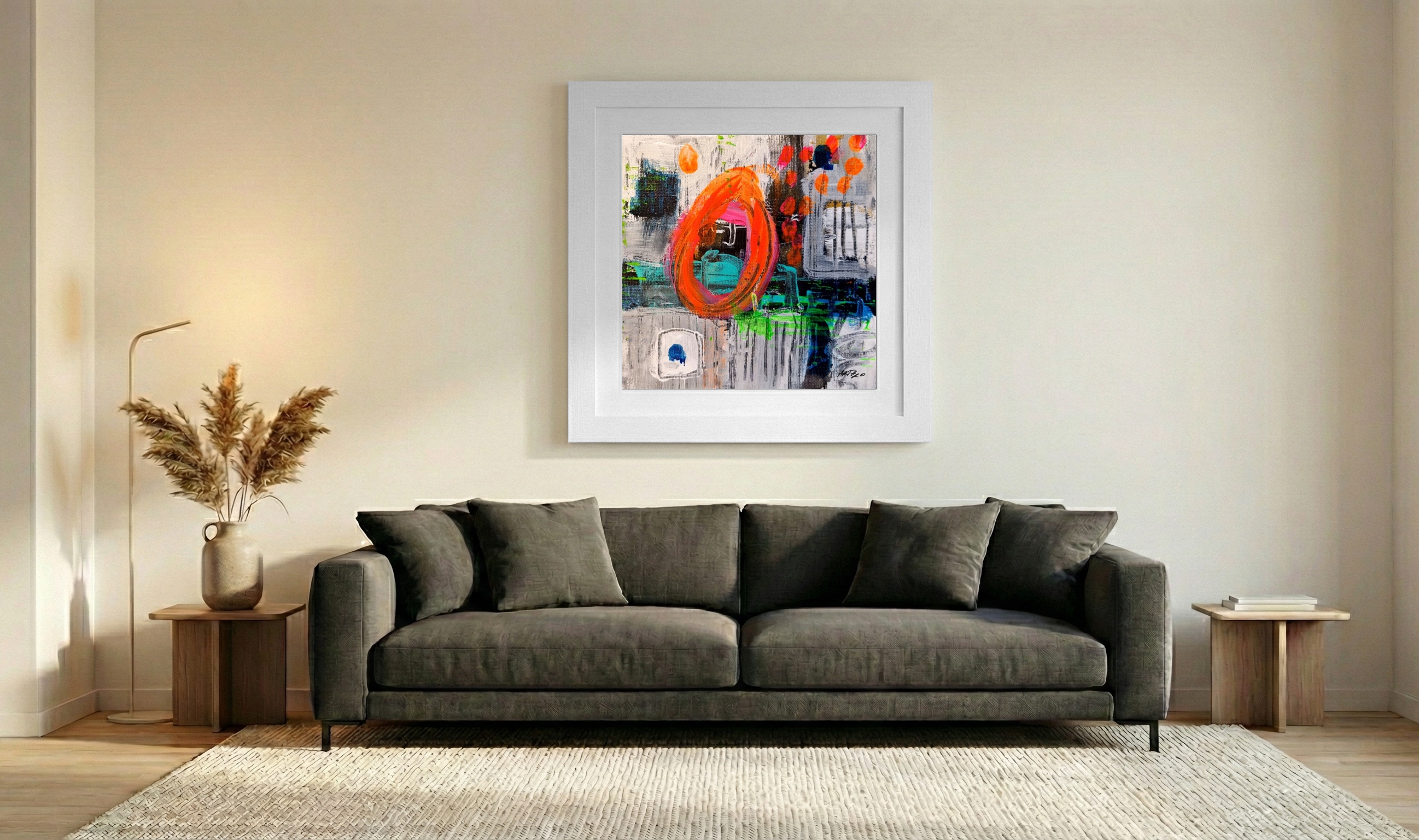 Bold Orange and Gray Abstract on Linen — art on the wall, room interior preview 3