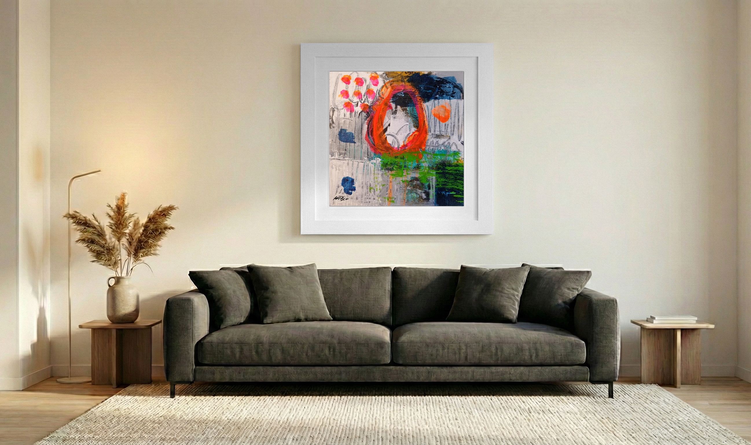 Playful Orange and Green Abstract — art on the wall, room interior preview 3