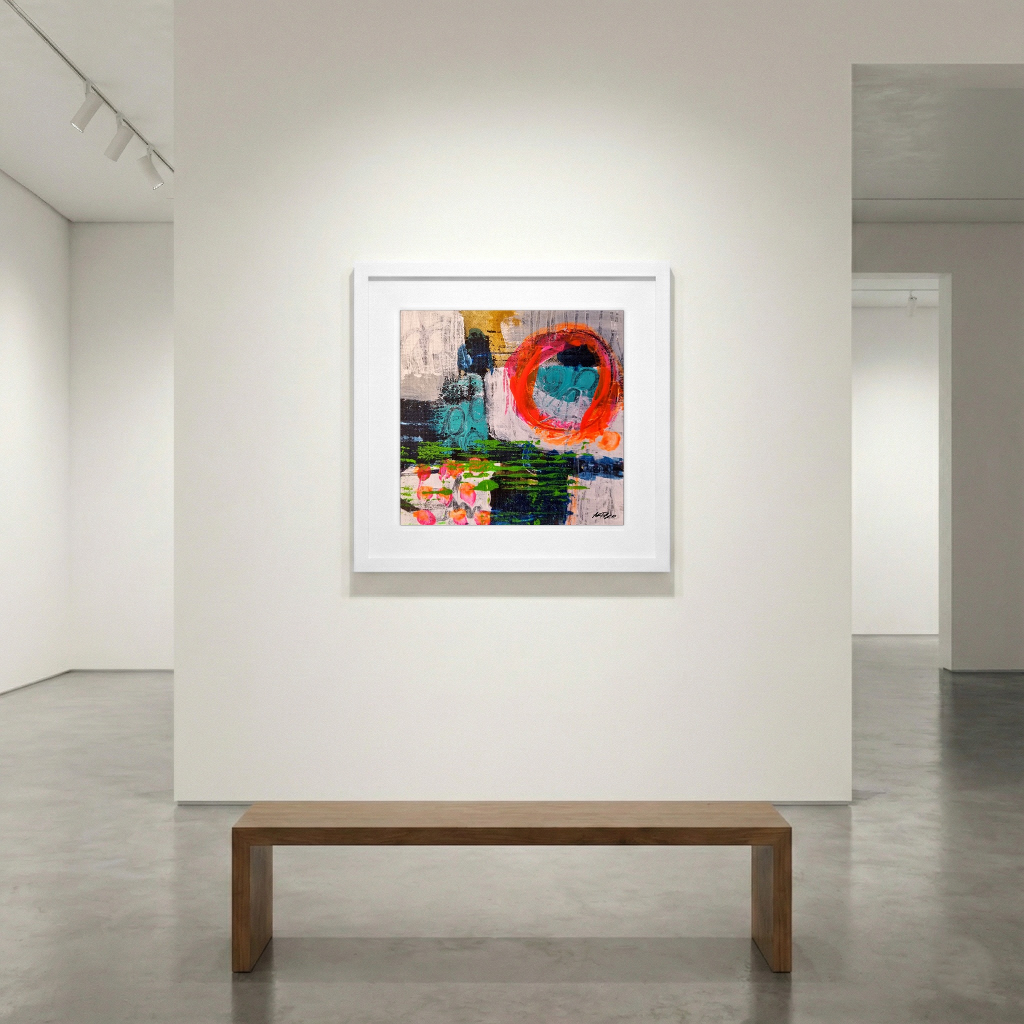 Teal and Orange Abstract on Linen Canvas — art on the wall, room interior preview 1