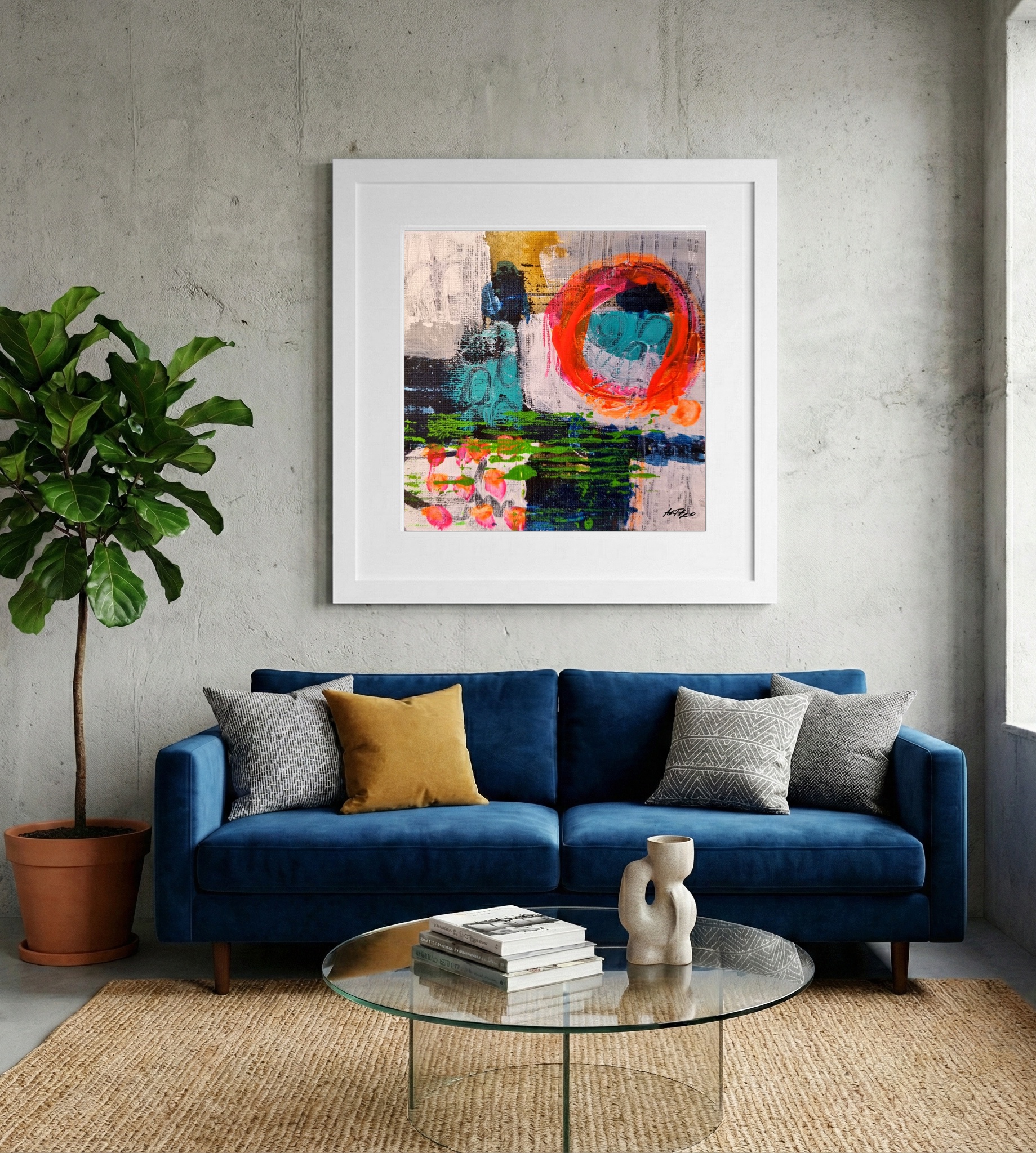 Teal and Orange Abstract on Linen Canvas — art on the wall, room interior preview 2