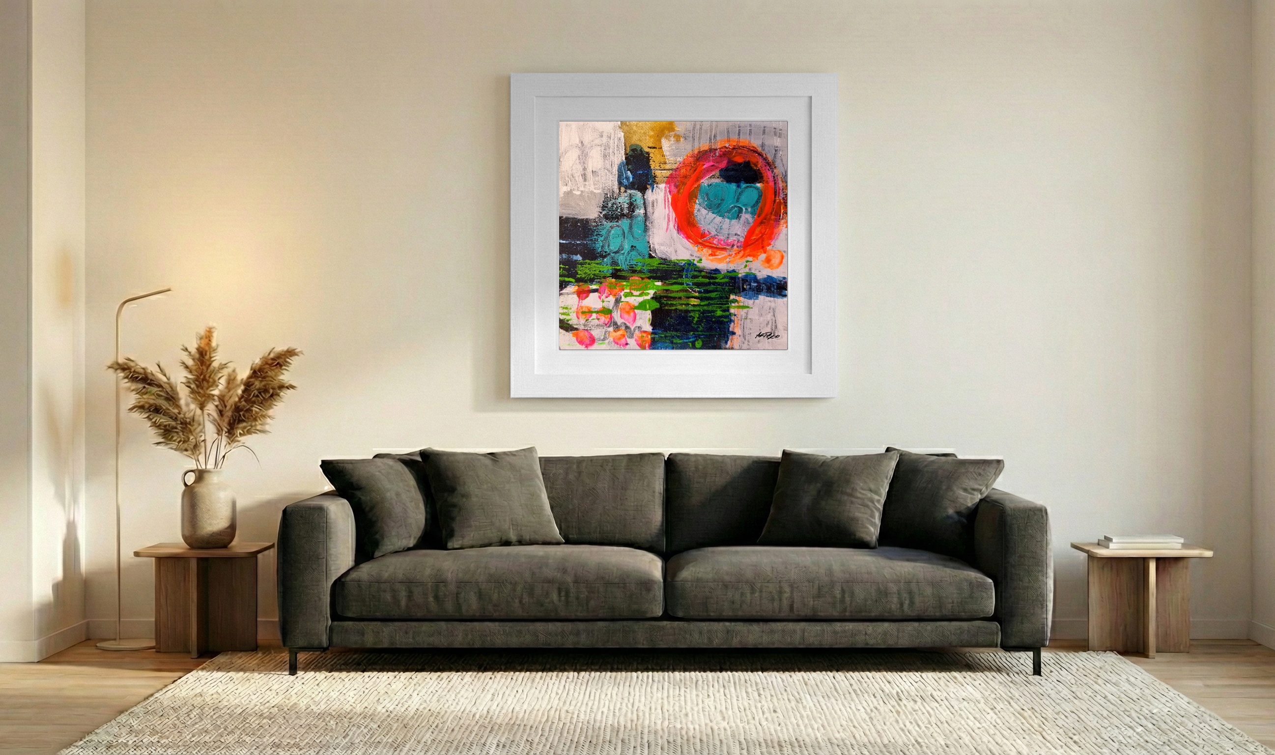 Teal and Orange Abstract on Linen Canvas — art on the wall, room interior preview 3