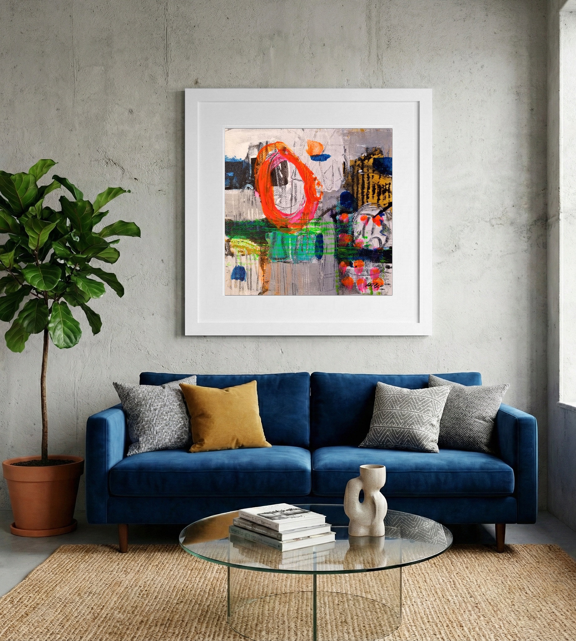 Vibrant Orange and Blue Abstract on Canvas — art on the wall, room interior preview 2