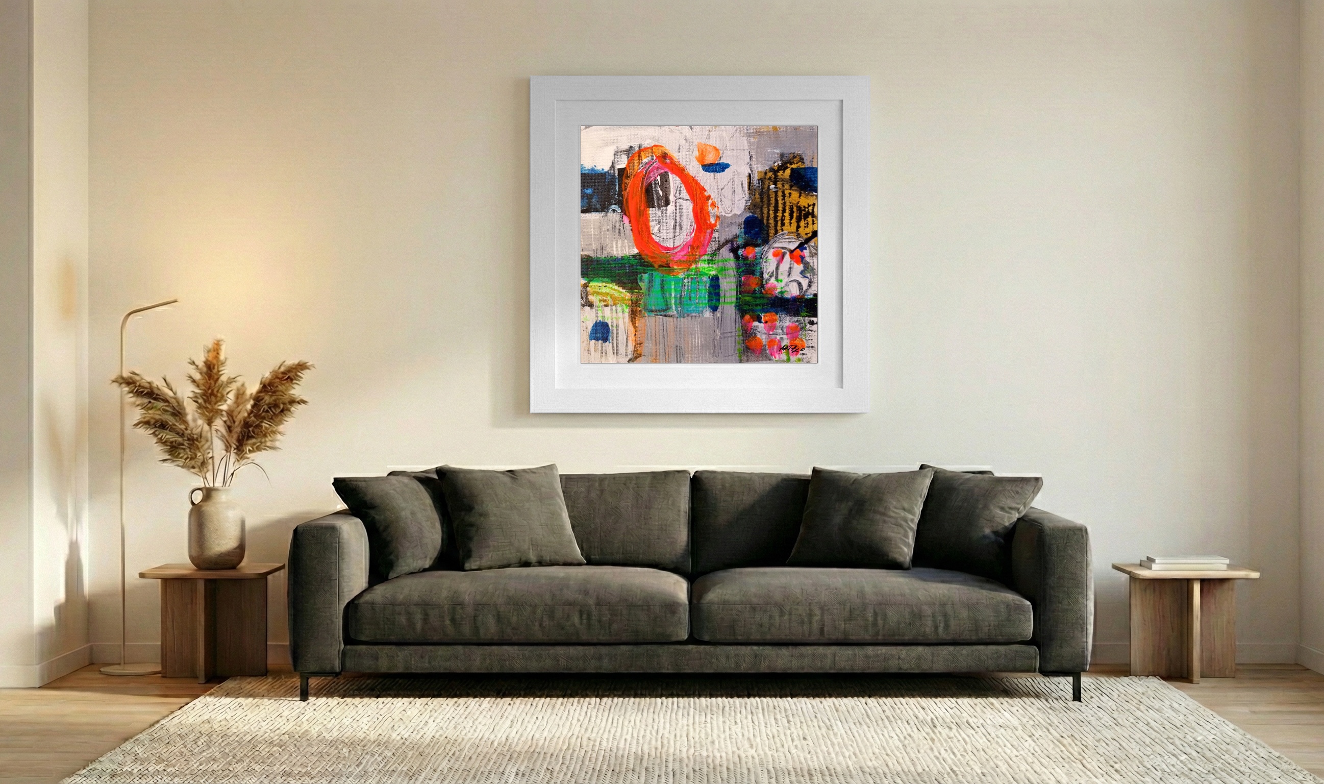Vibrant Orange and Blue Abstract on Canvas — art on the wall, room interior preview 3