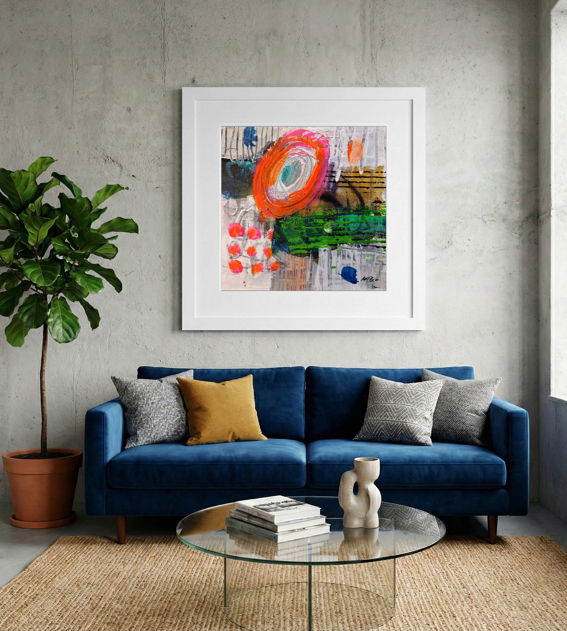 Neon Orange and Grey Abstract Canvas — art on the wall, room interior preview 2