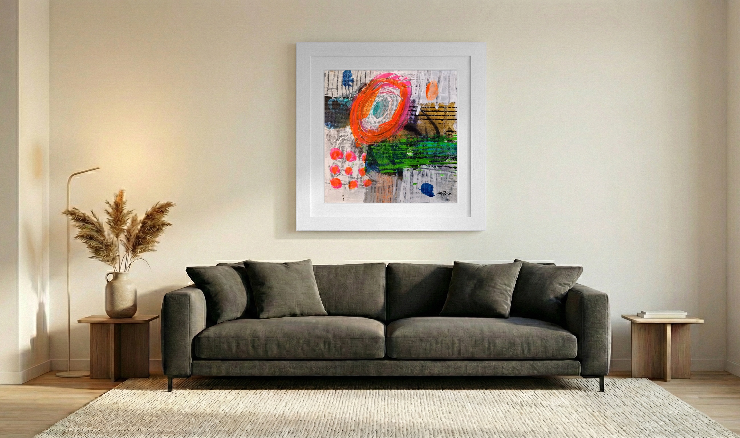 Neon Orange and Grey Abstract Canvas — art on the wall, room interior preview 3