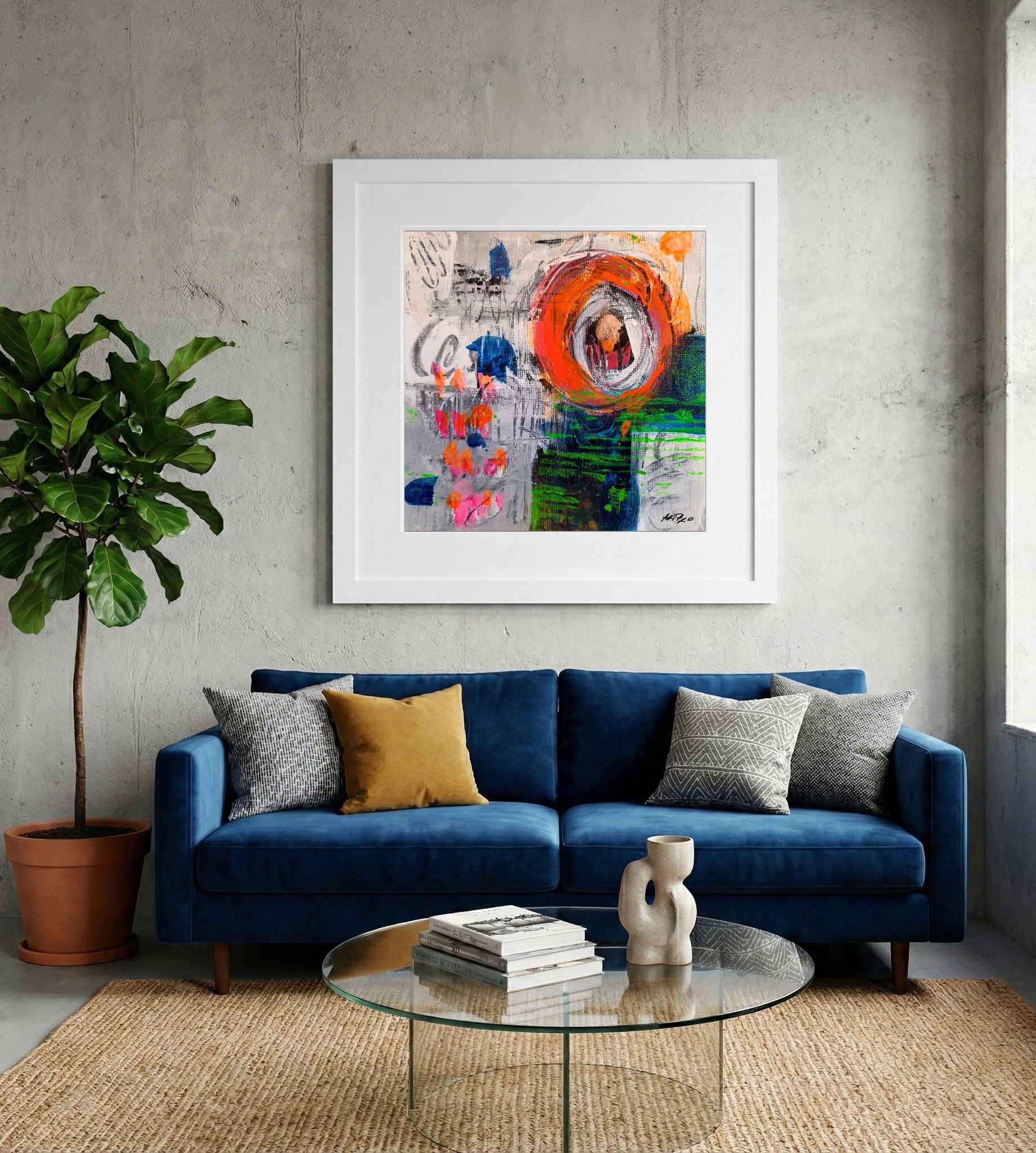 Vivid Orange and Deep Blue Abstract — art on the wall, room interior preview 2