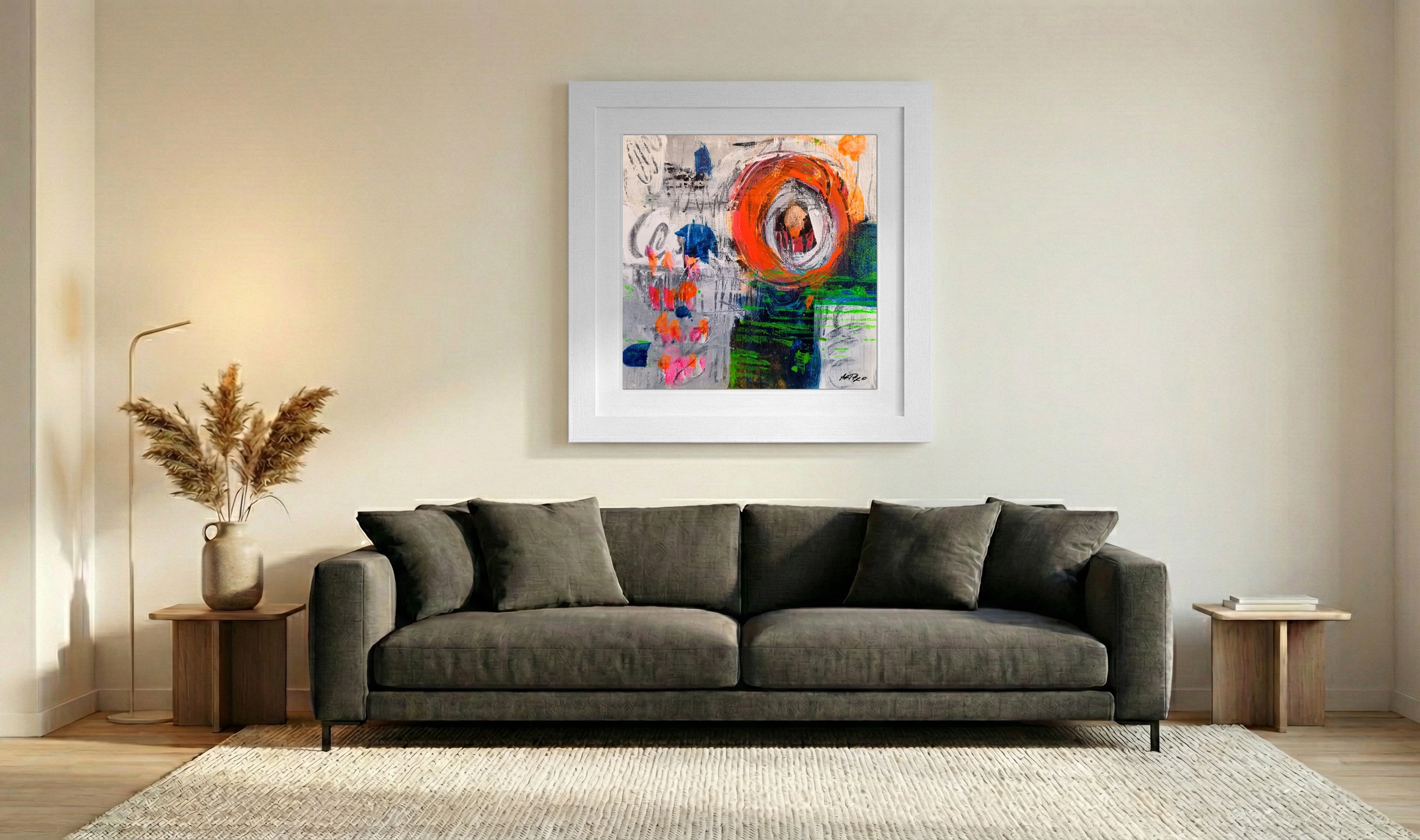 Vivid Orange and Deep Blue Abstract — art on the wall, room interior preview 3