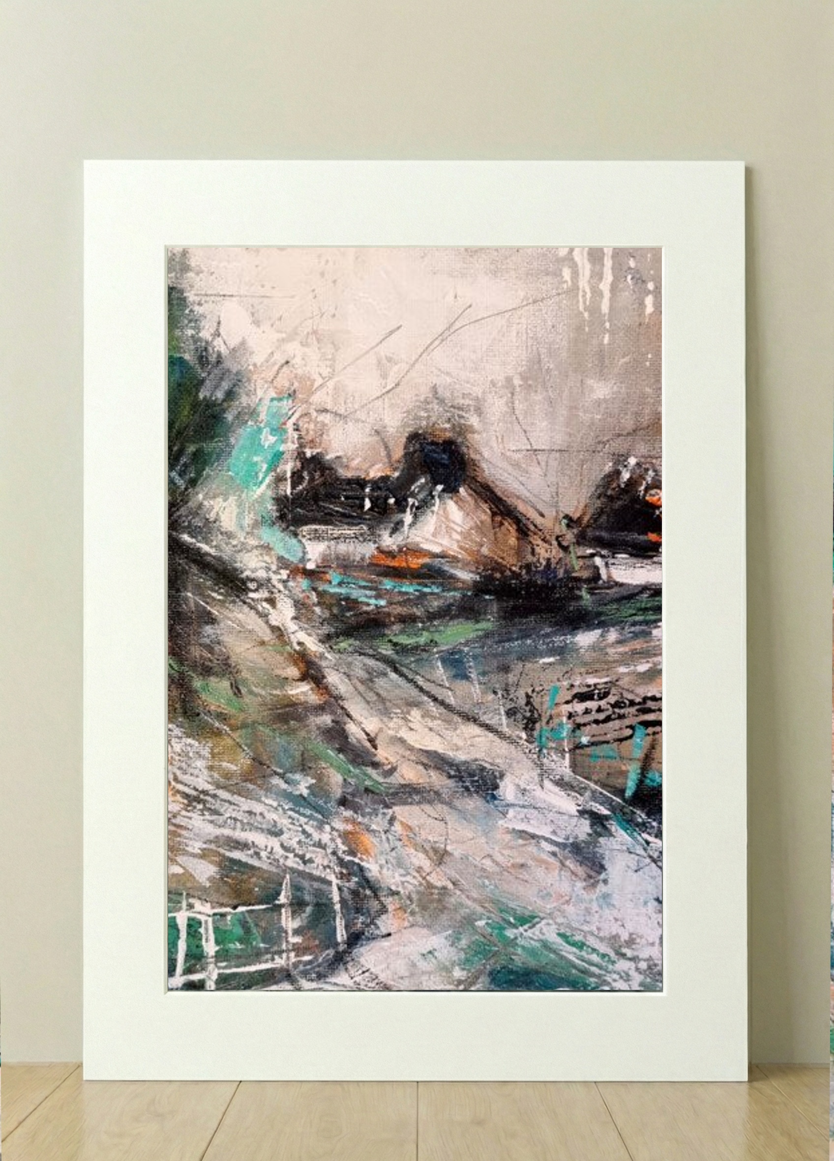 Teal and Warm Orange Abstract Landscape — art on the wall, room interior preview 1