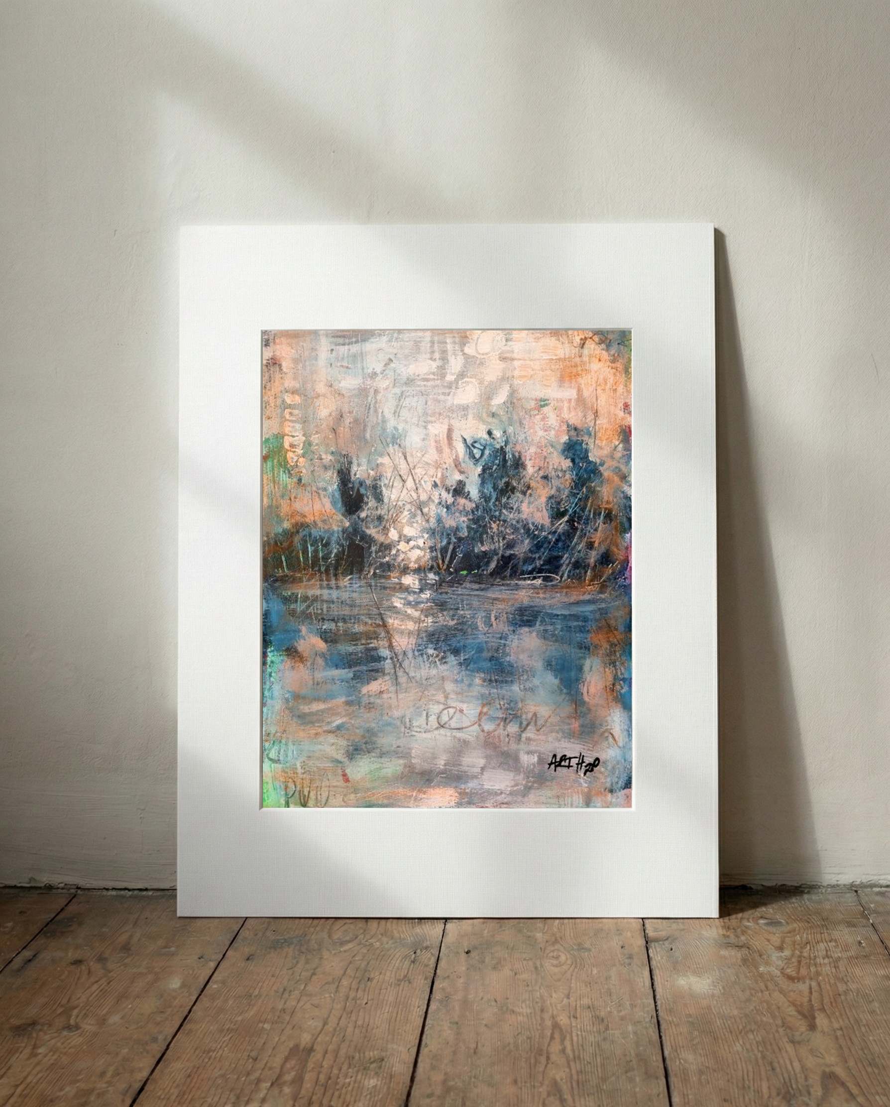 Deep Blue and Soft Green Lake Reflection — art on the wall, room interior preview 2