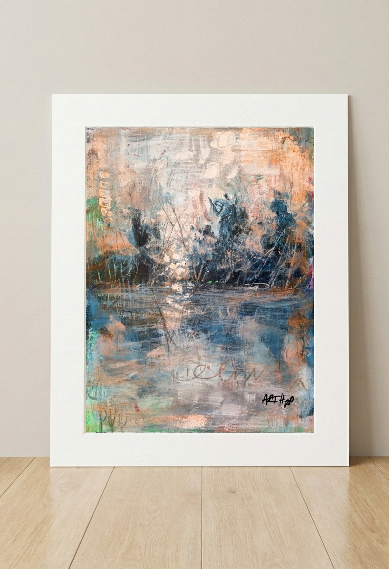 Deep Blue and Soft Green Lake Reflection — art on the wall, room interior preview 3