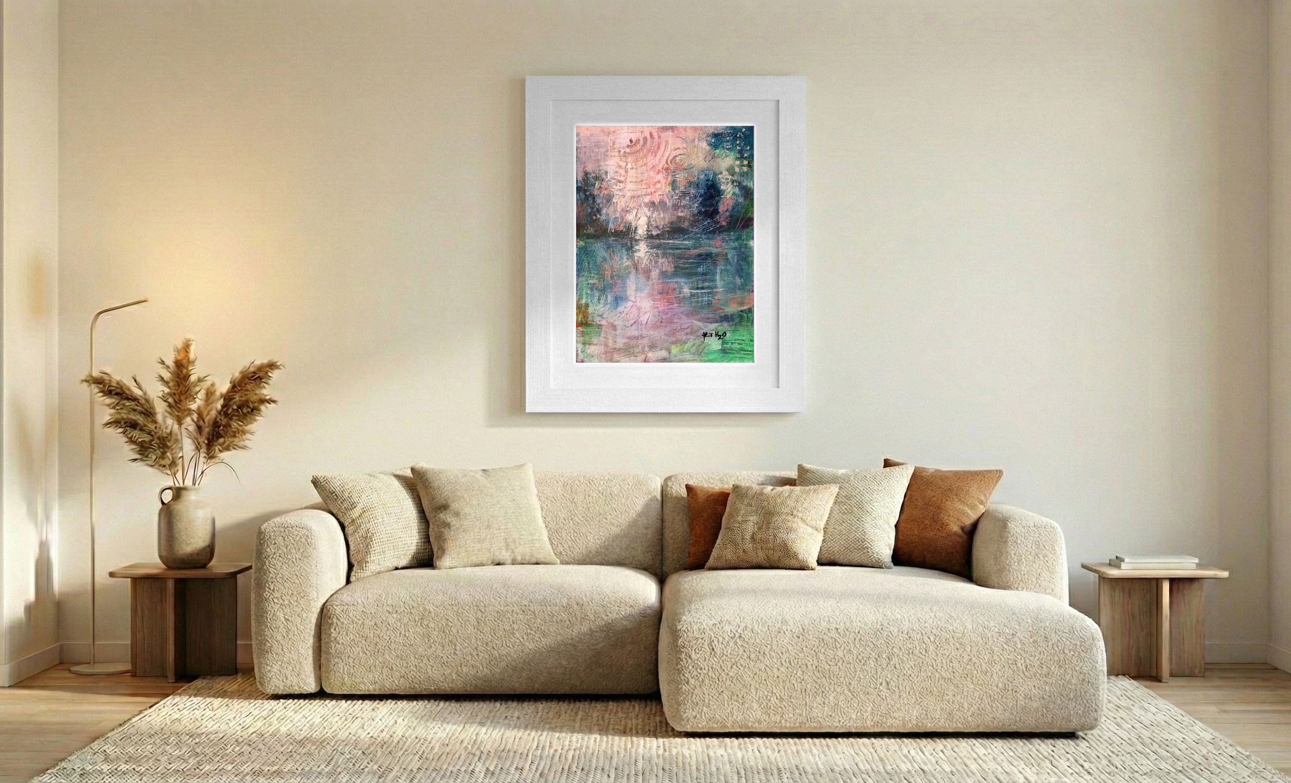 Soft Pink and Teal Abstract on Paper — art on the wall, room interior preview 1