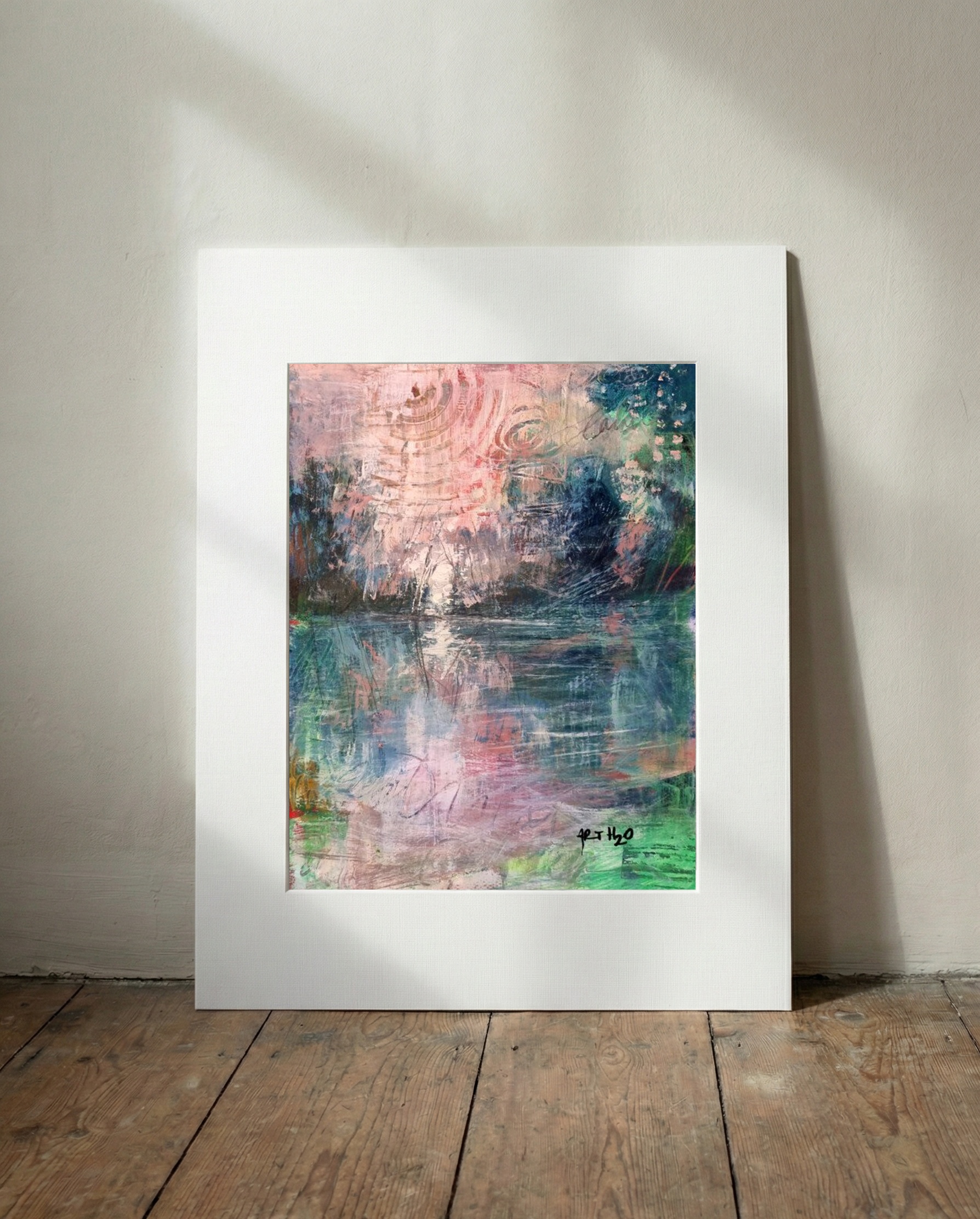 Soft Pink and Teal Abstract on Paper — art on the wall, room interior preview 2