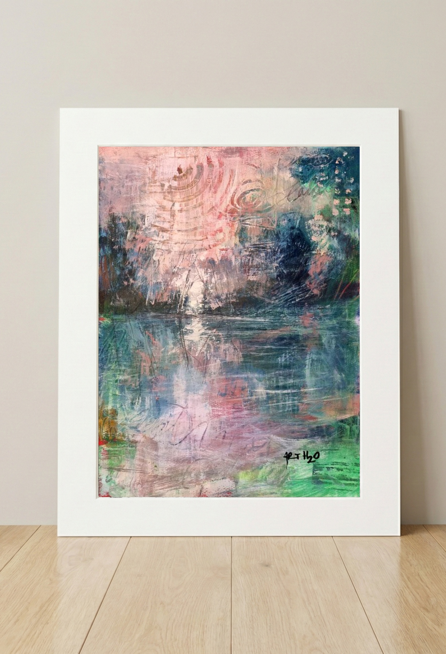 Soft Pink and Teal Abstract on Paper — art on the wall, room interior preview 3