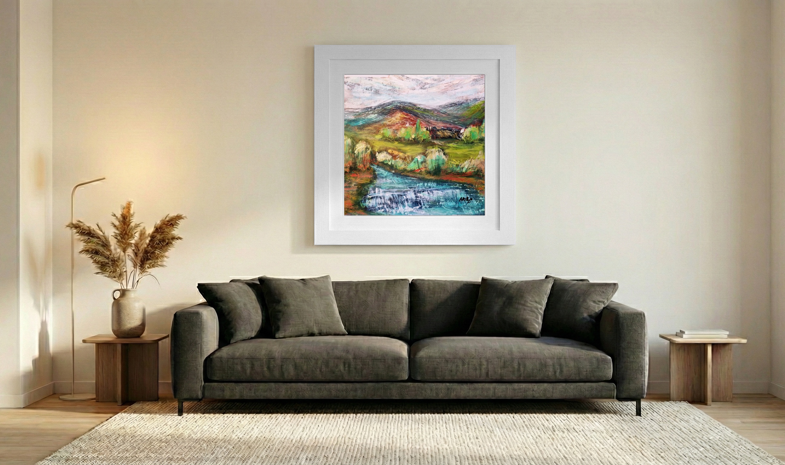 Emerald and Rust Irish Landscape — art on the wall, room interior preview 3