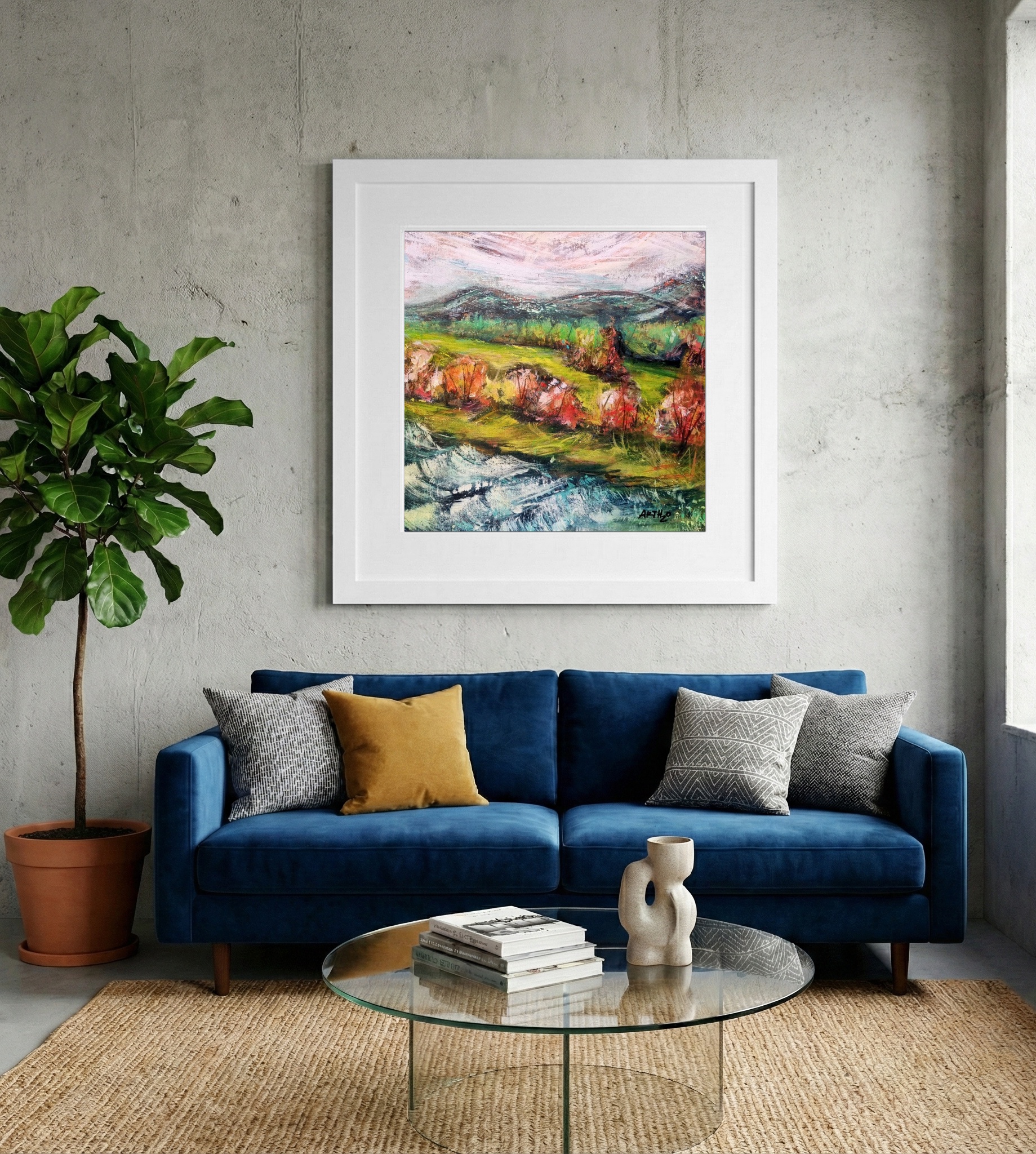 Lush Green and Earthy Red Irish Landscape — art on the wall, room interior preview 2