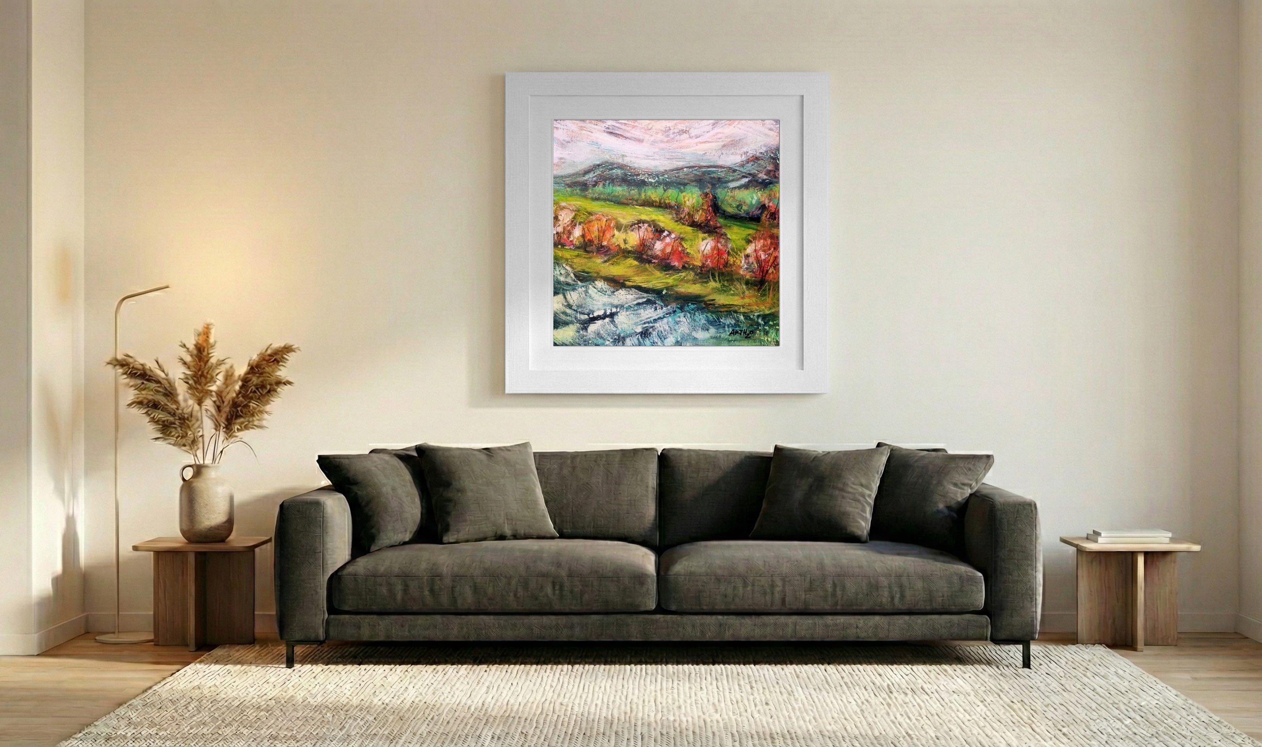 Lush Green and Earthy Red Irish Landscape — art on the wall, room interior preview 3