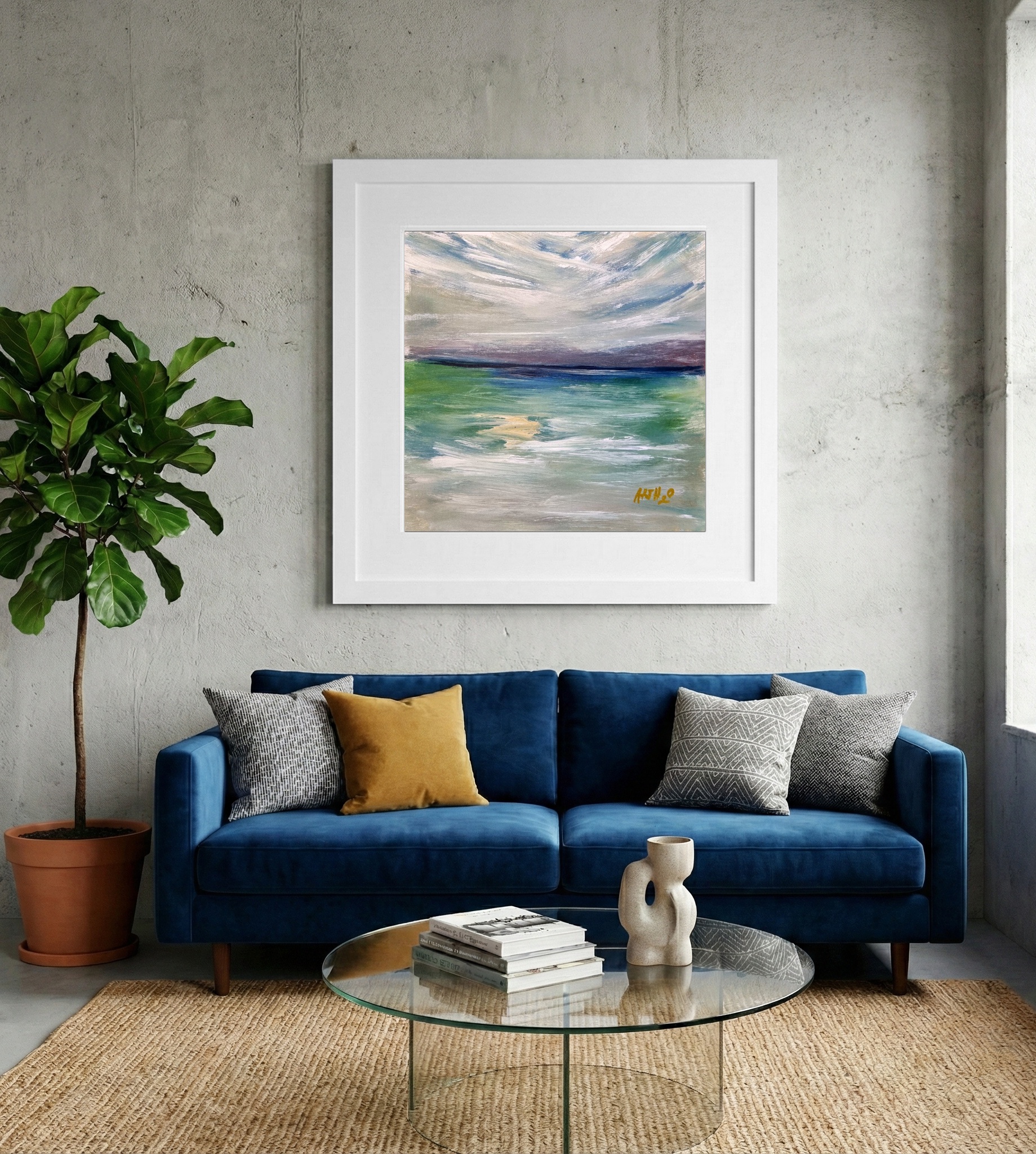 Teal and White Coastal Acrylic Seascape — art on the wall, room interior preview 2