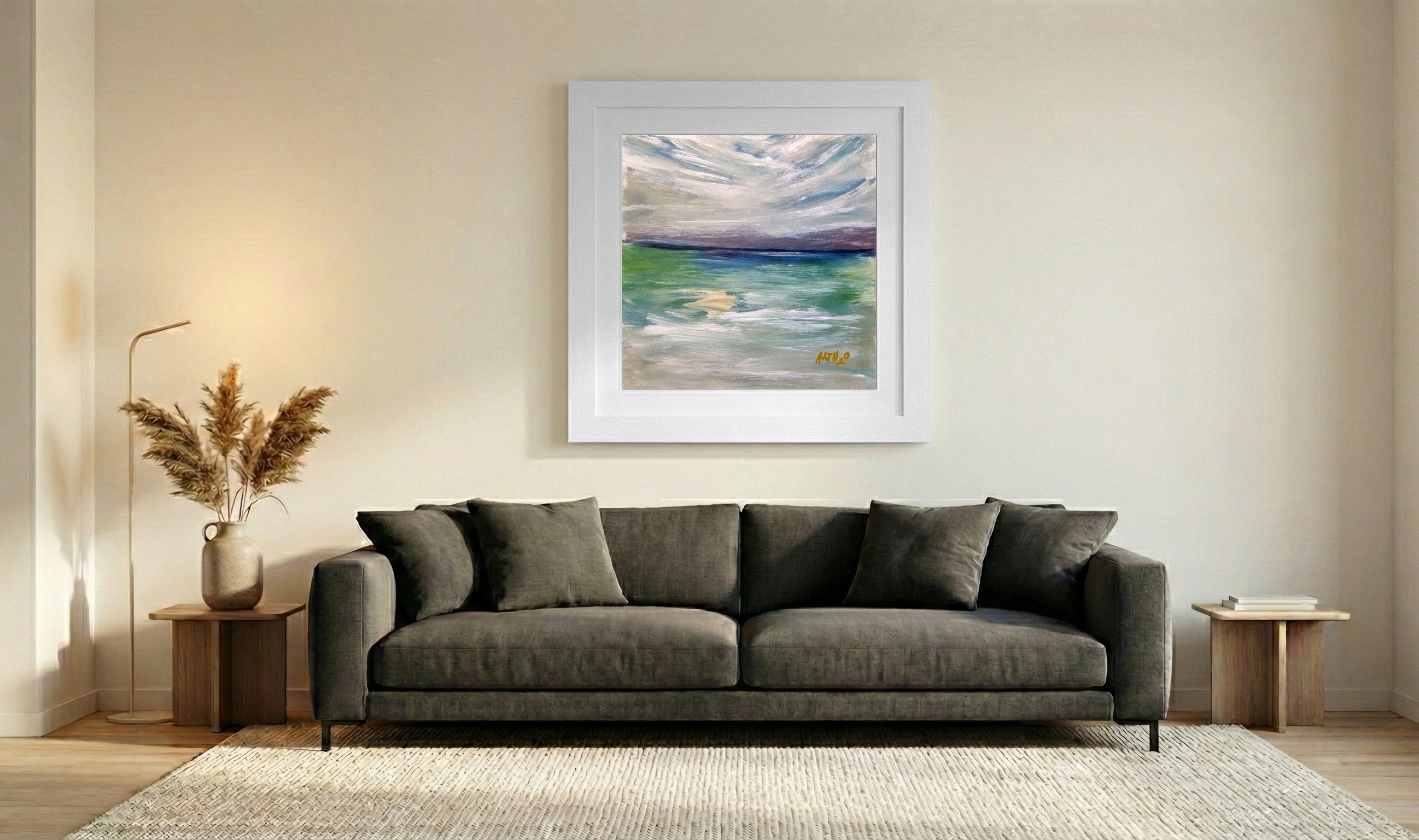 Teal and White Coastal Acrylic Seascape — art on the wall, room interior preview 3