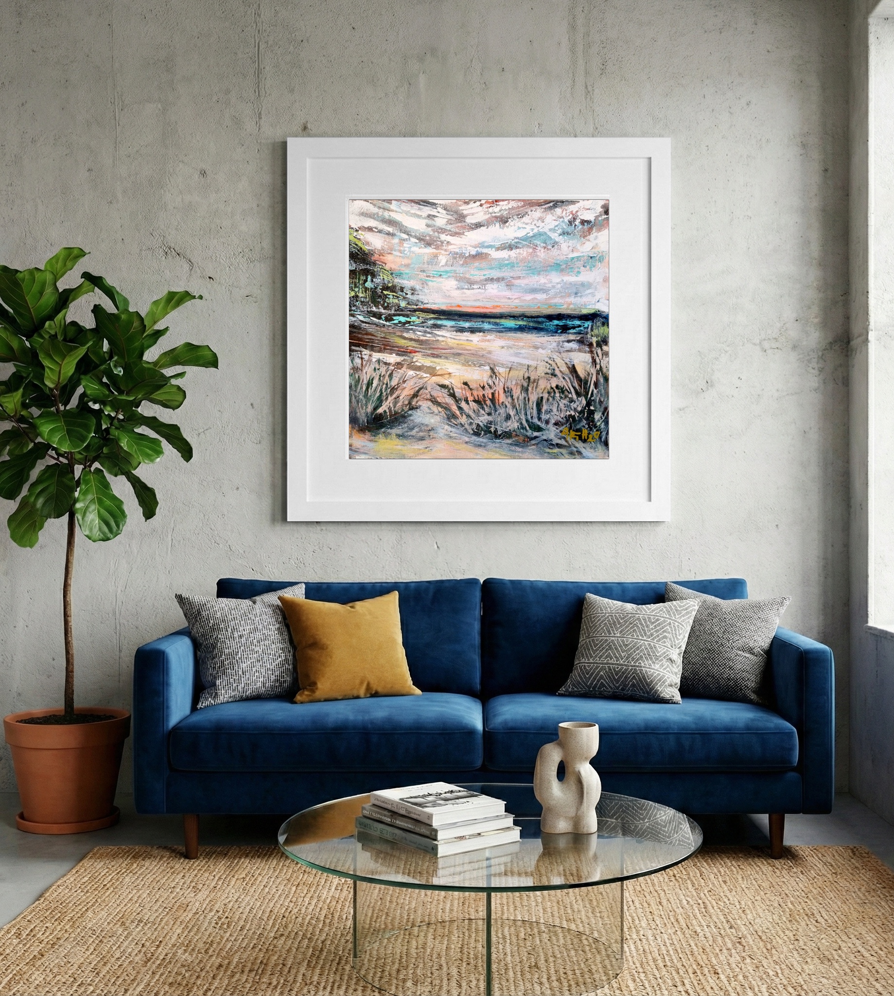 Turquoise and Earthy Impressionist Landscape — art on the wall, room interior preview 2