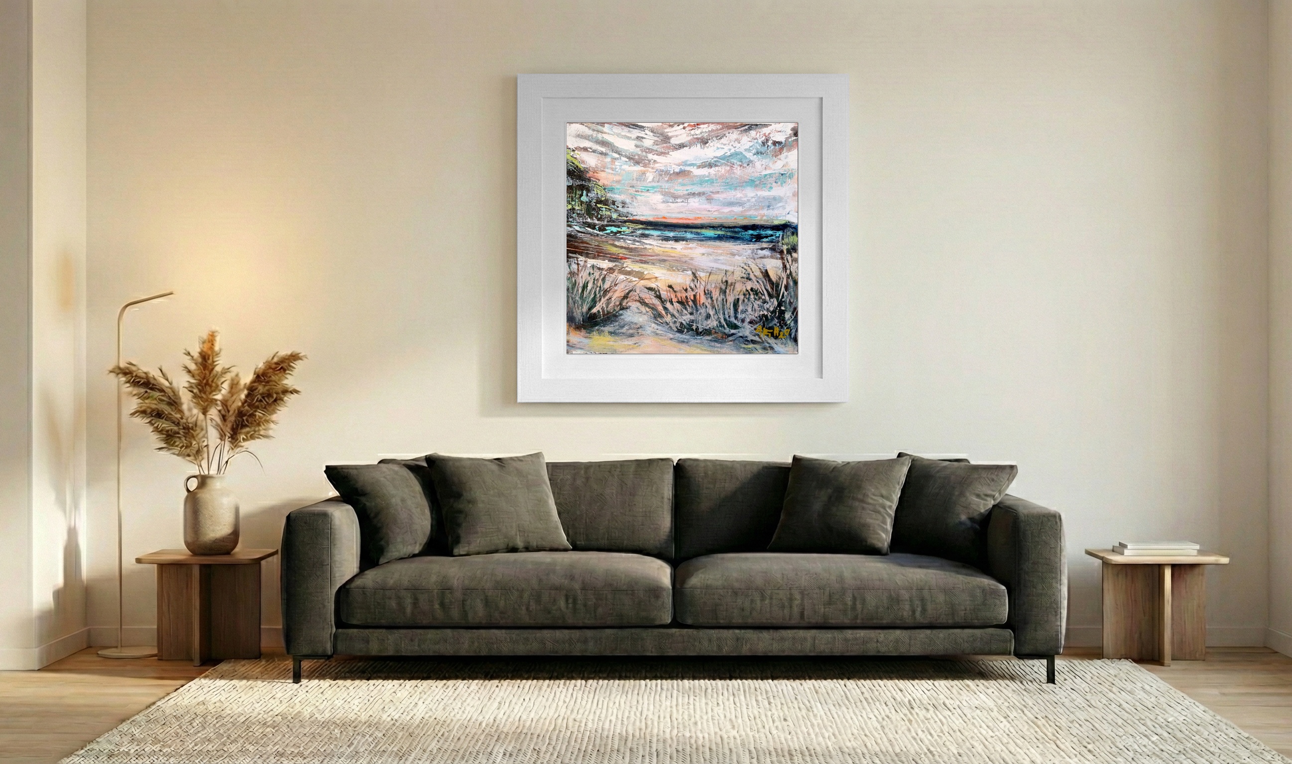 Turquoise and Earthy Impressionist Landscape — art on the wall, room interior preview 3