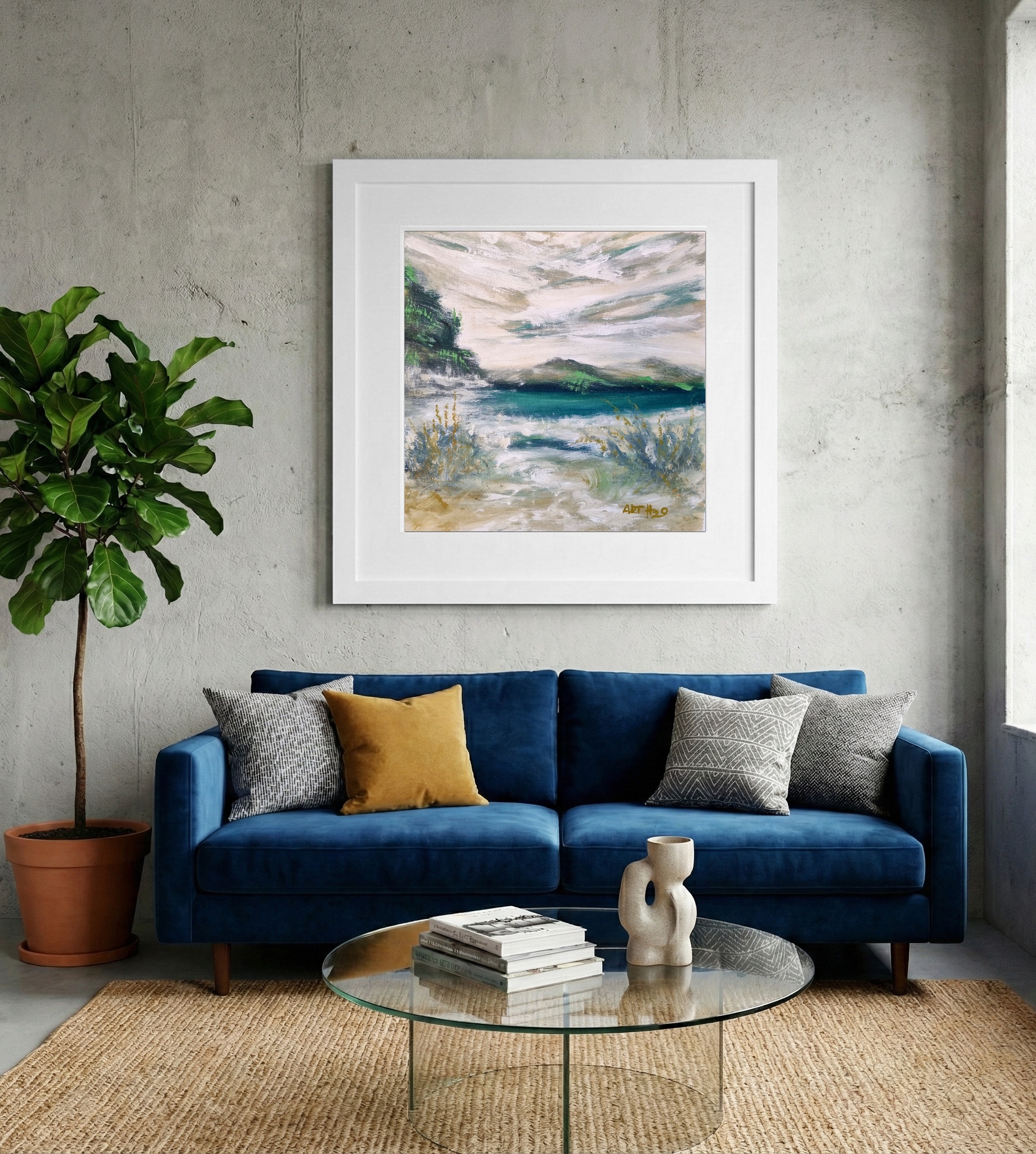 Teal and Earthy Hues Seascape — art on the wall, room interior preview 2