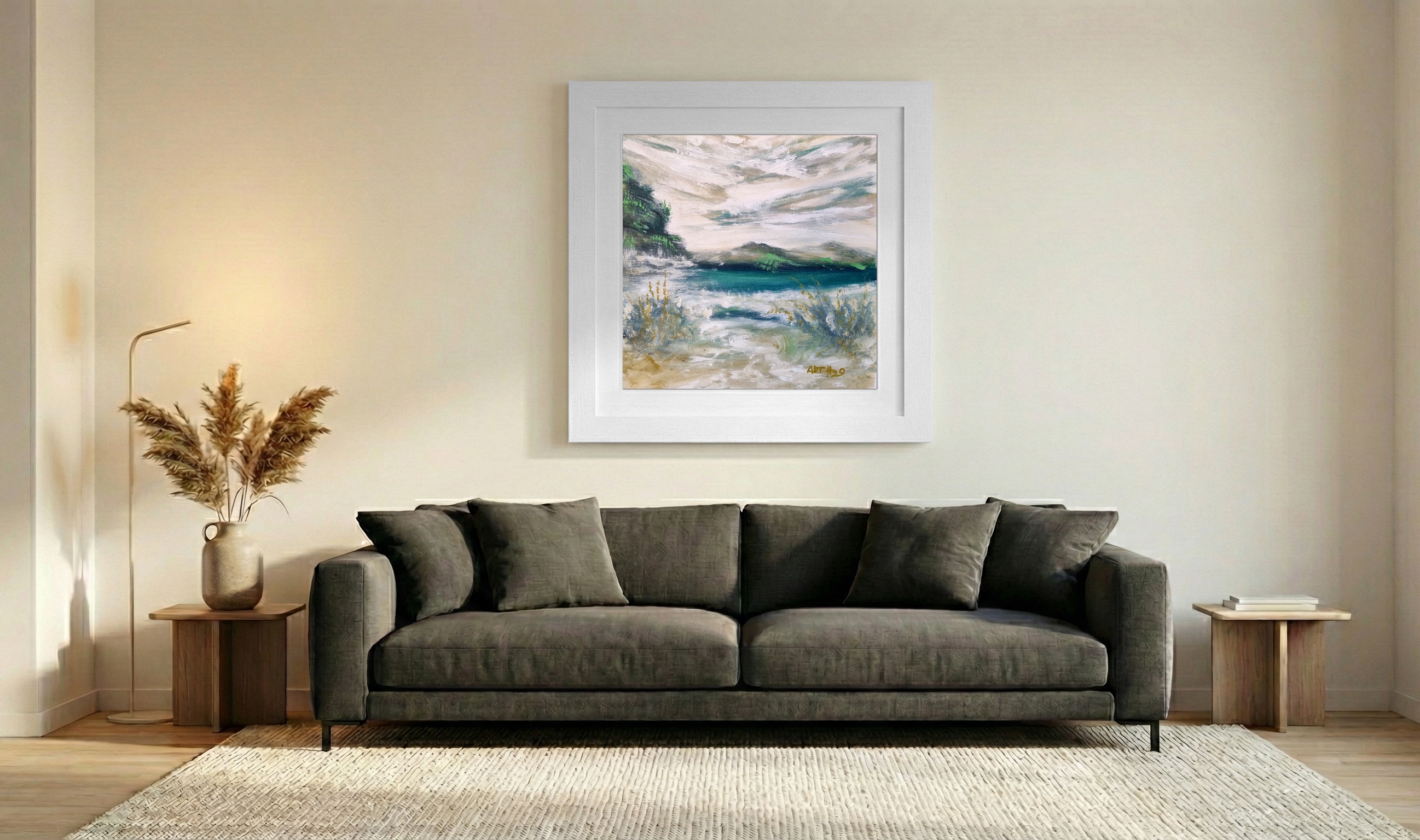 Teal and Earthy Hues Seascape — art on the wall, room interior preview 3