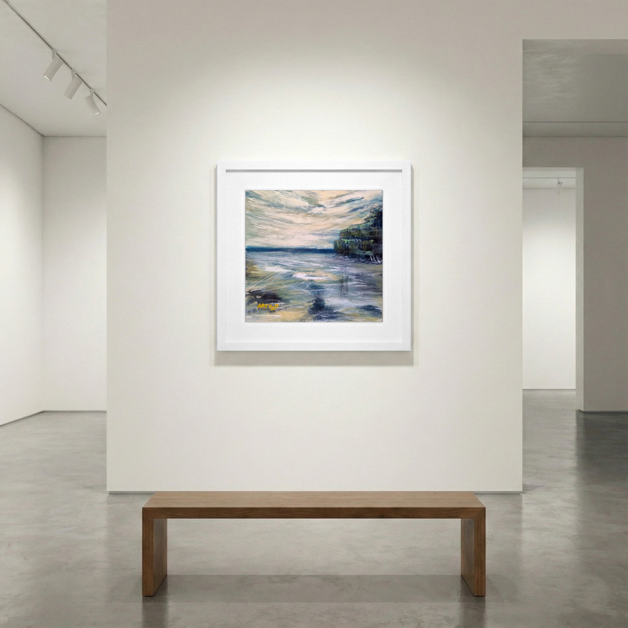 Teal and Jade Coastal Scene on Linen Canvas — art on the wall, room interior preview 1