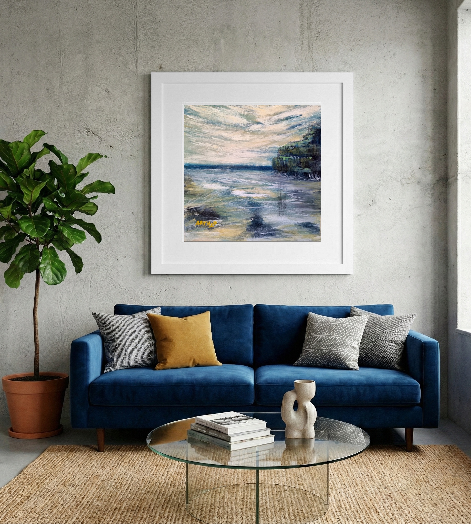 Teal and Jade Coastal Scene on Linen Canvas — art on the wall, room interior preview 2