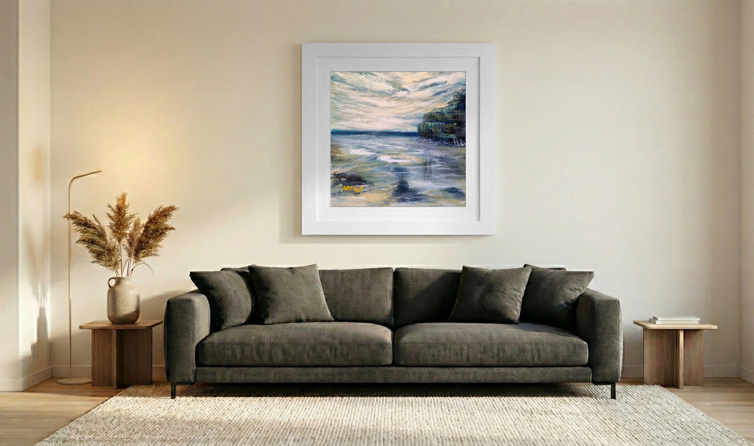 Teal and Jade Coastal Scene on Linen Canvas — art on the wall, room interior preview 3
