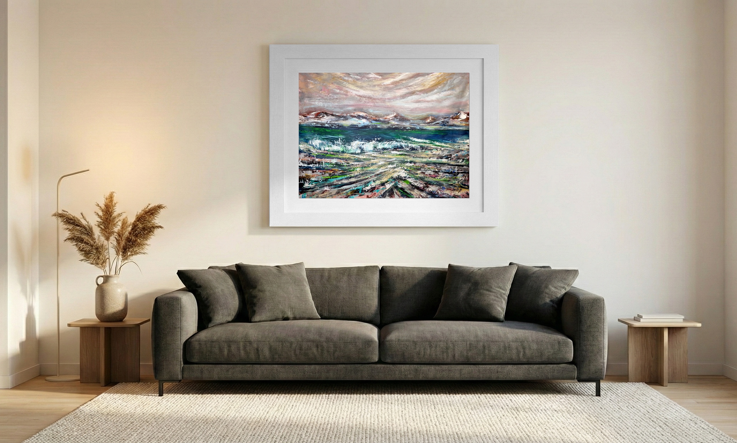 Ocean Green and Sandy Beige Irish Landscape — art on the wall, room interior preview 1