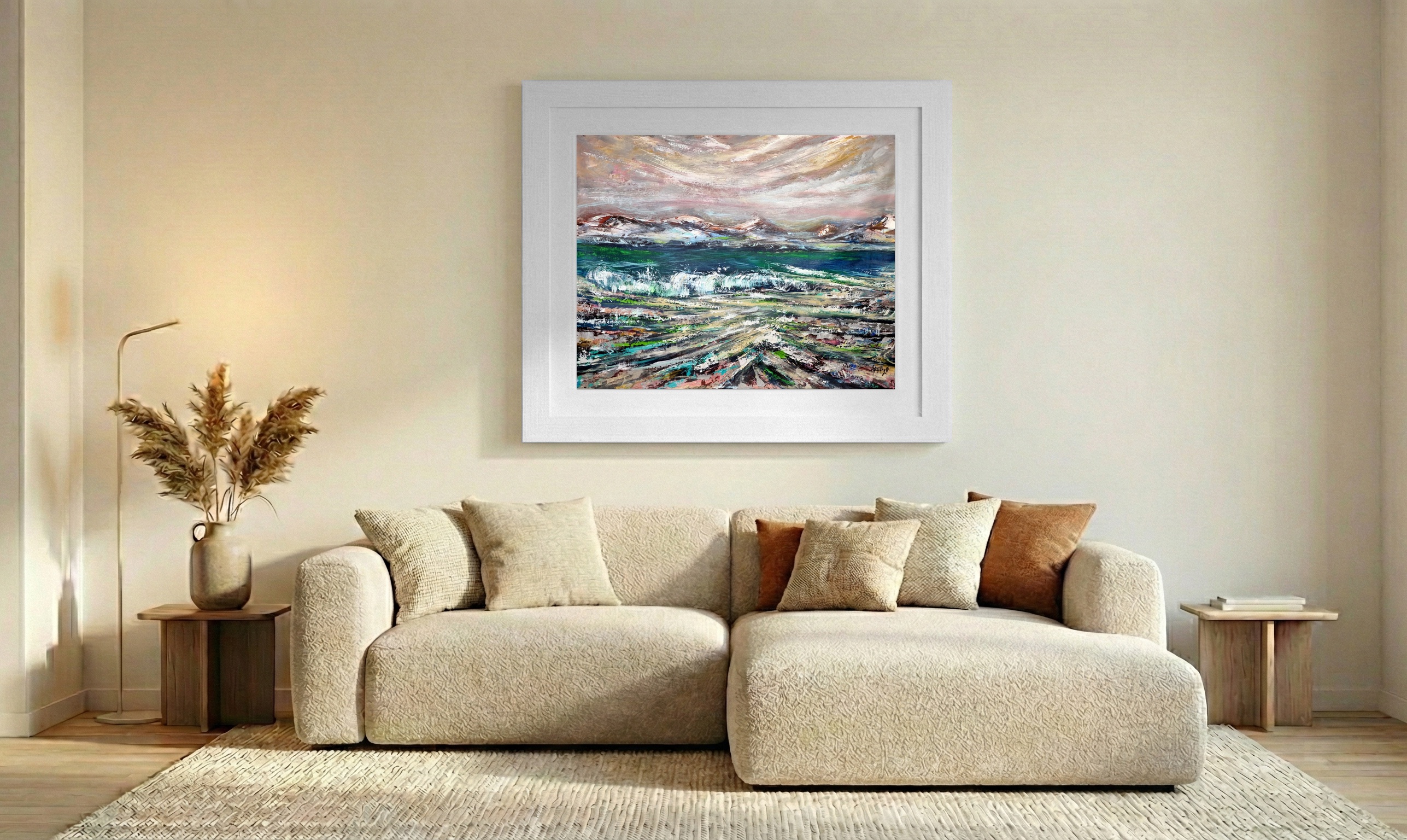 Ocean Green and Sandy Beige Irish Landscape — art on the wall, room interior preview 2