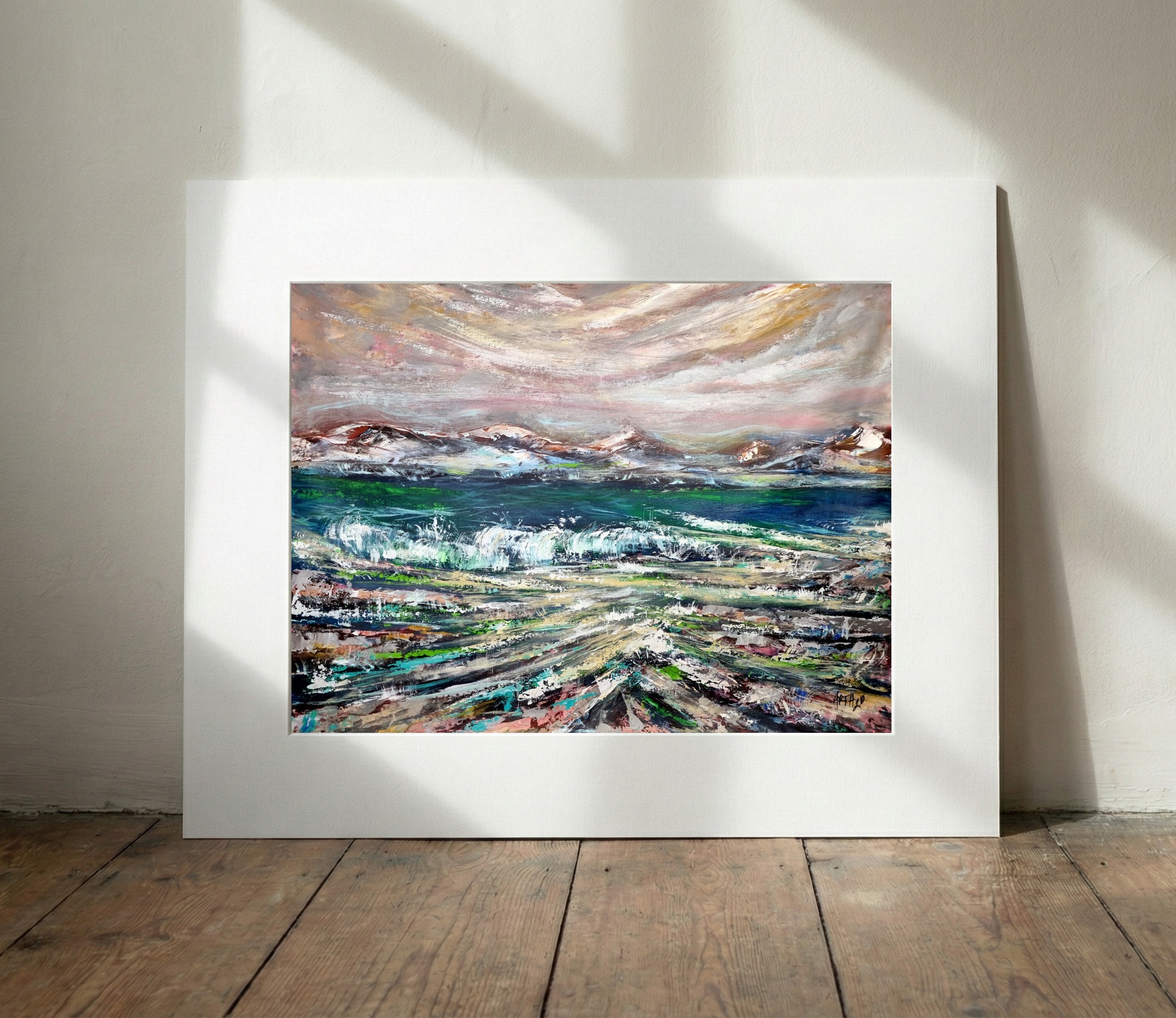 Ocean Green and Sandy Beige Irish Landscape — art on the wall, room interior preview 3