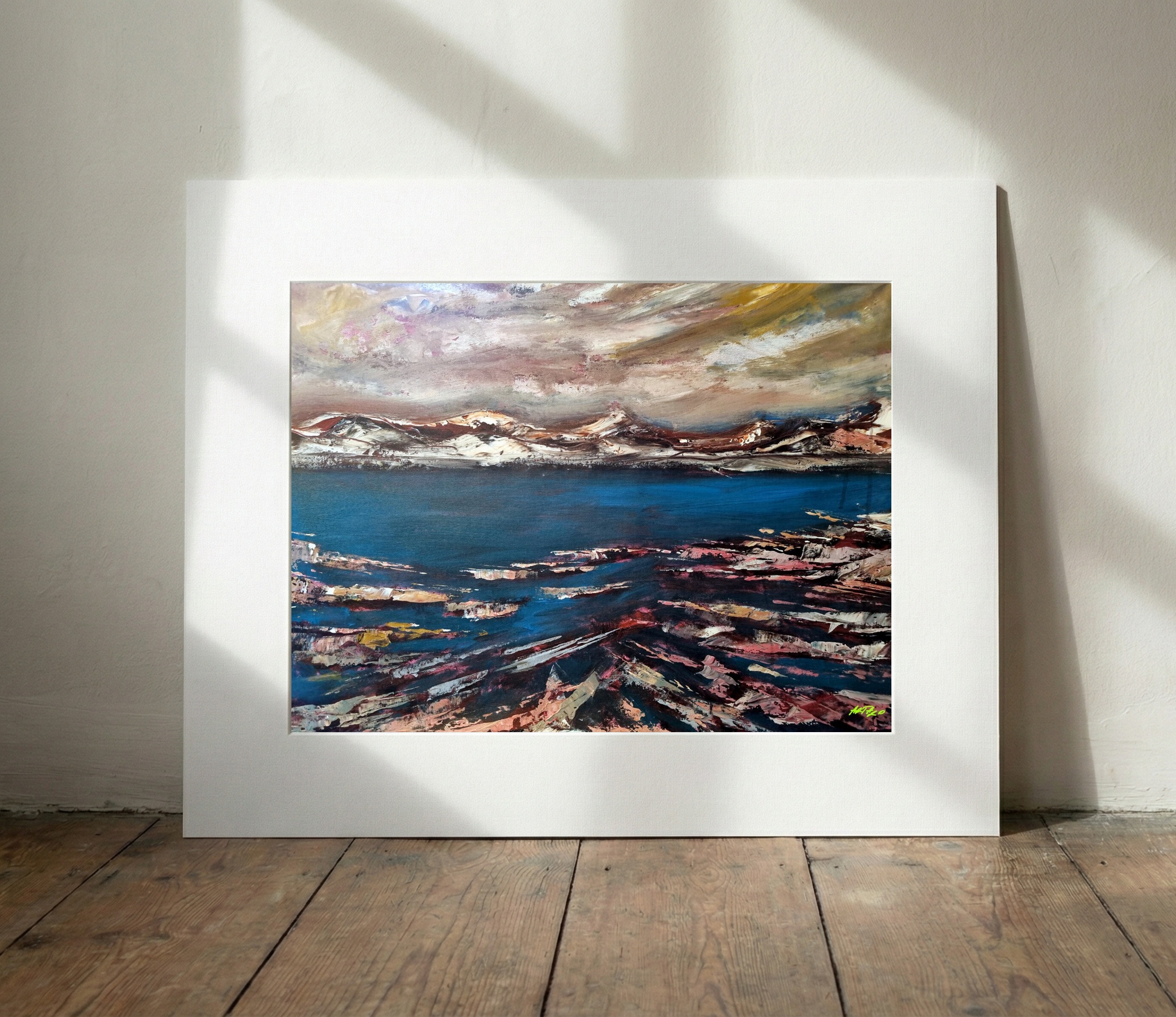 Cerulean and Textured Coastal Scene — art on the wall, room interior preview 2