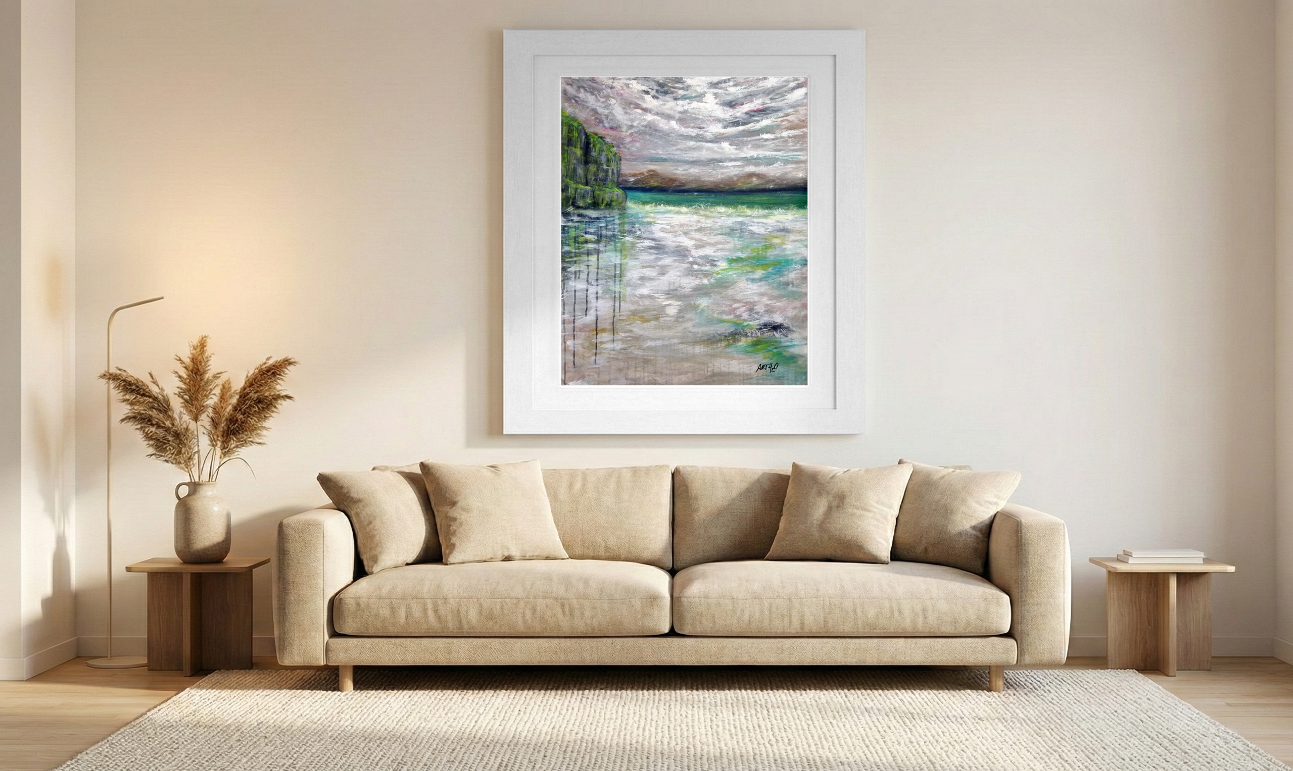 Emerald and Teal Coastal Impression on Canvas — art on the wall, room interior preview 1