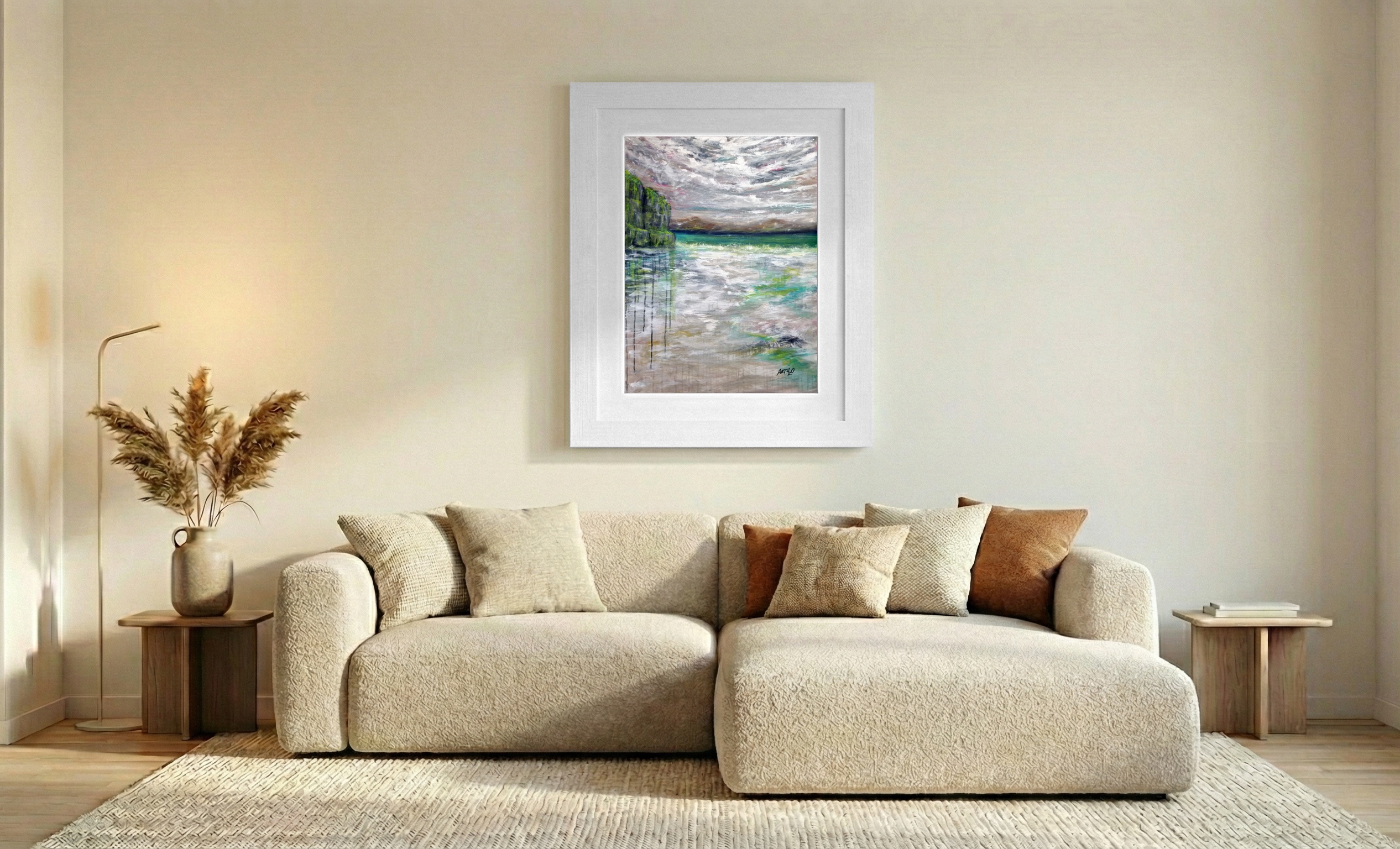 Emerald and Teal Coastal Impression on Canvas — art on the wall, room interior preview 2