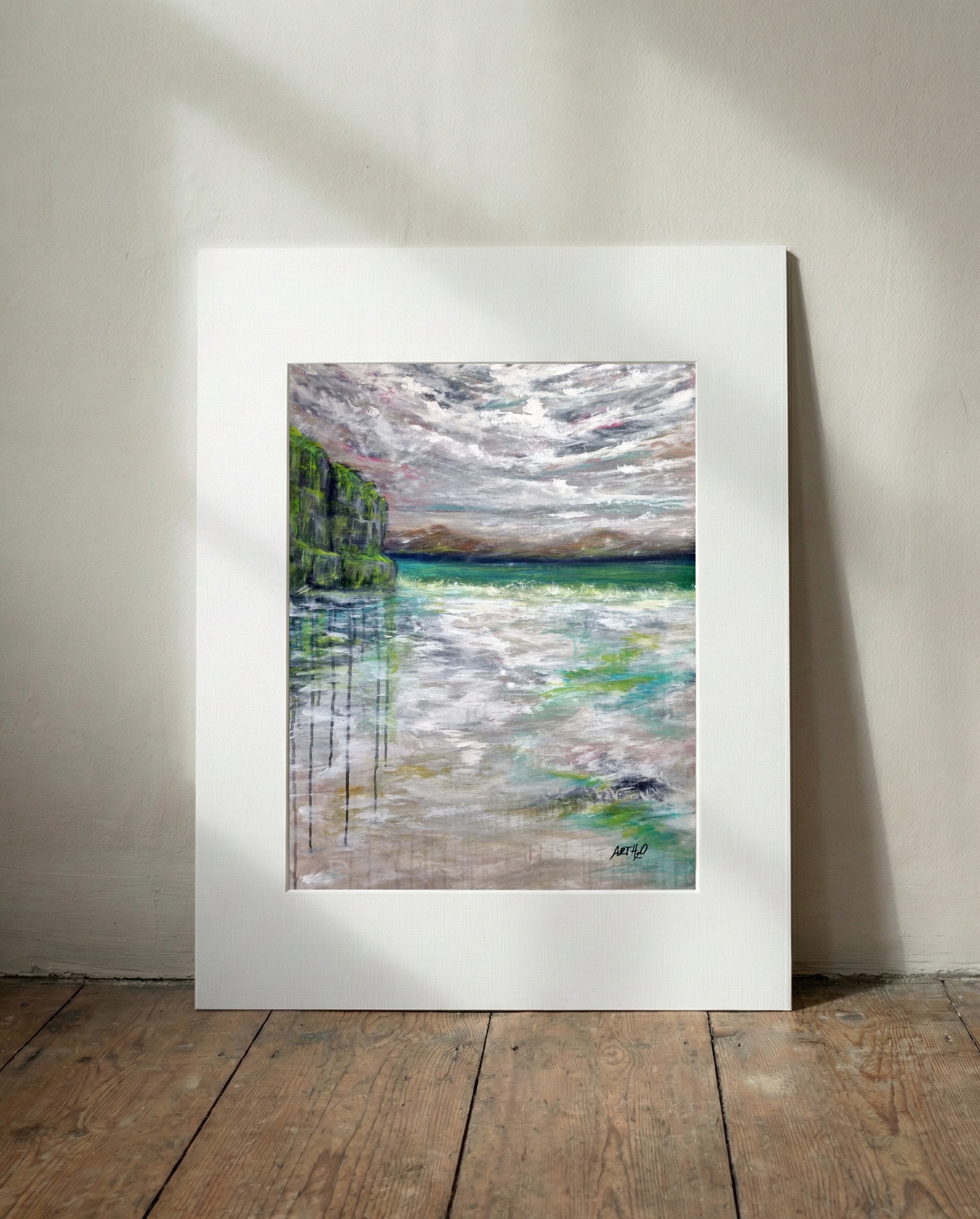 Emerald and Teal Coastal Impression on Canvas — art on the wall, room interior preview 3