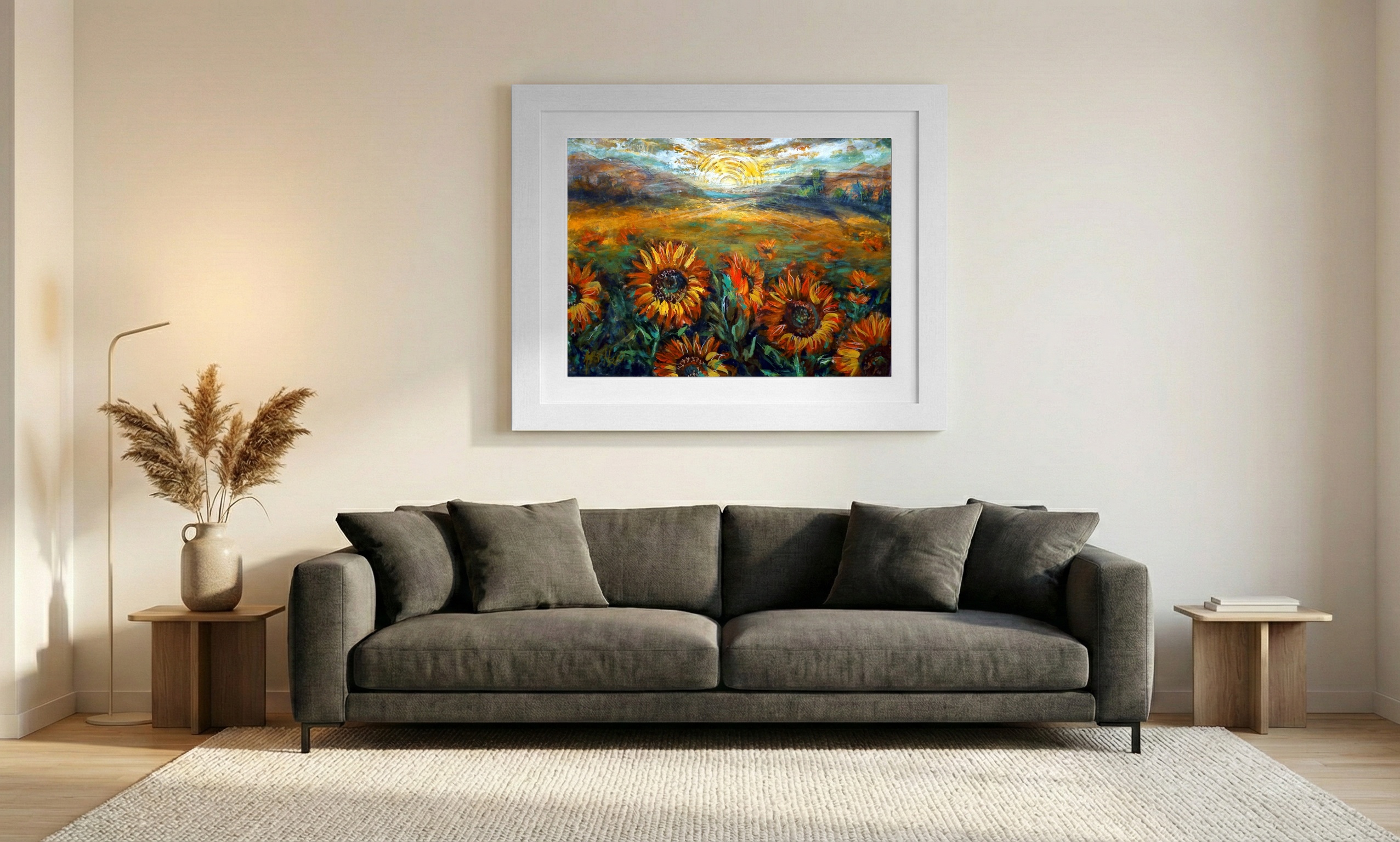Golden Orange Sunflowers in a Sunrise Glow — art on the wall, room interior preview 1