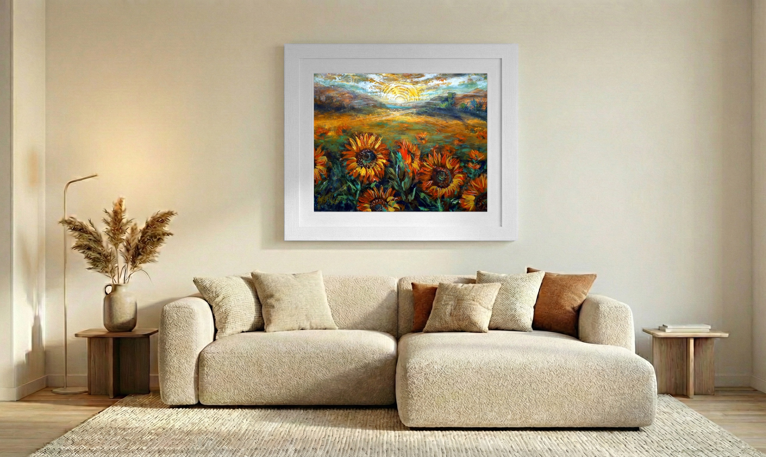 Golden Orange Sunflowers in a Sunrise Glow — art on the wall, room interior preview 2