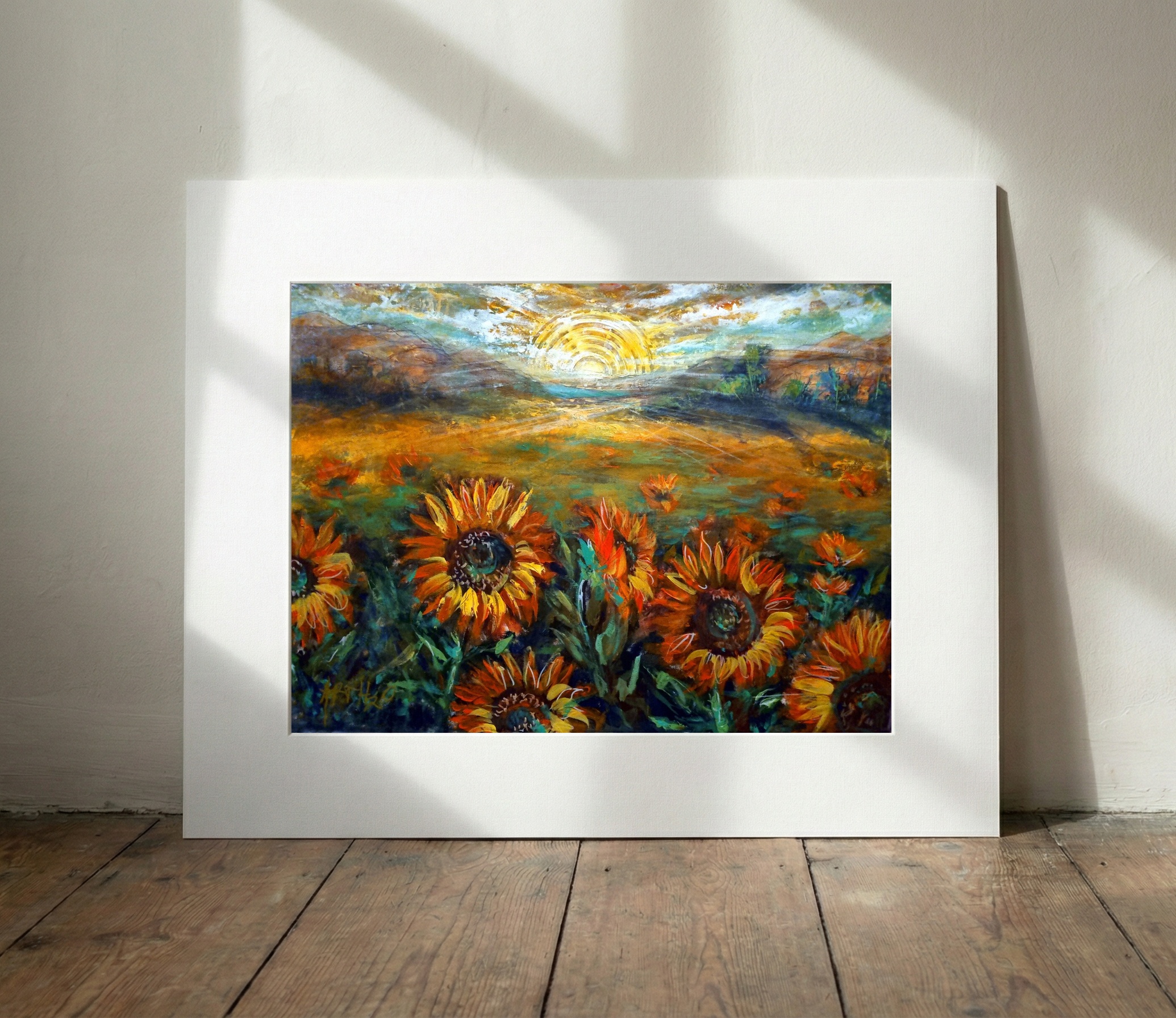 Golden Orange Sunflowers in a Sunrise Glow — art on the wall, room interior preview 3
