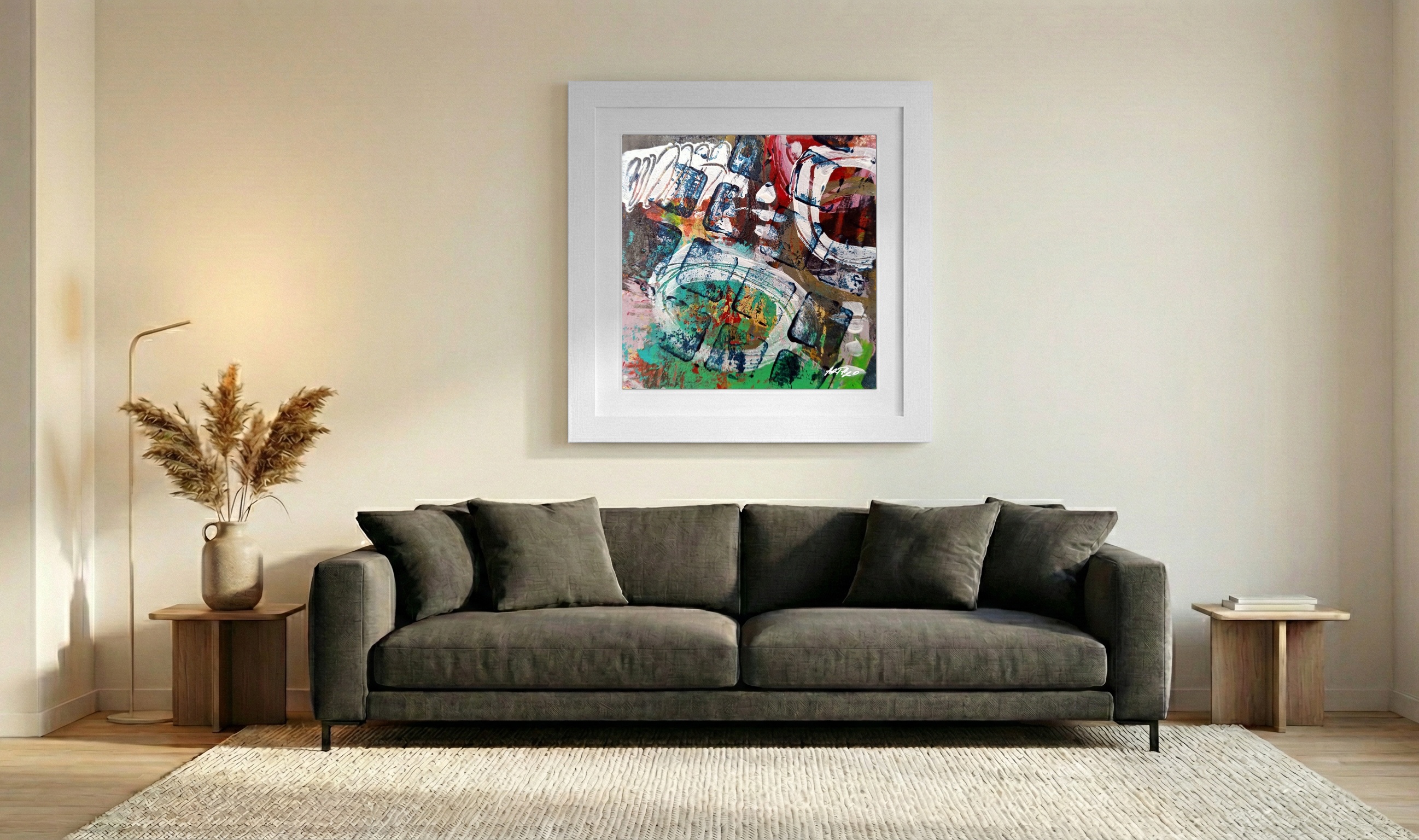 Crimson and Emerald Abstract on Paper — art on the wall, room interior preview 3