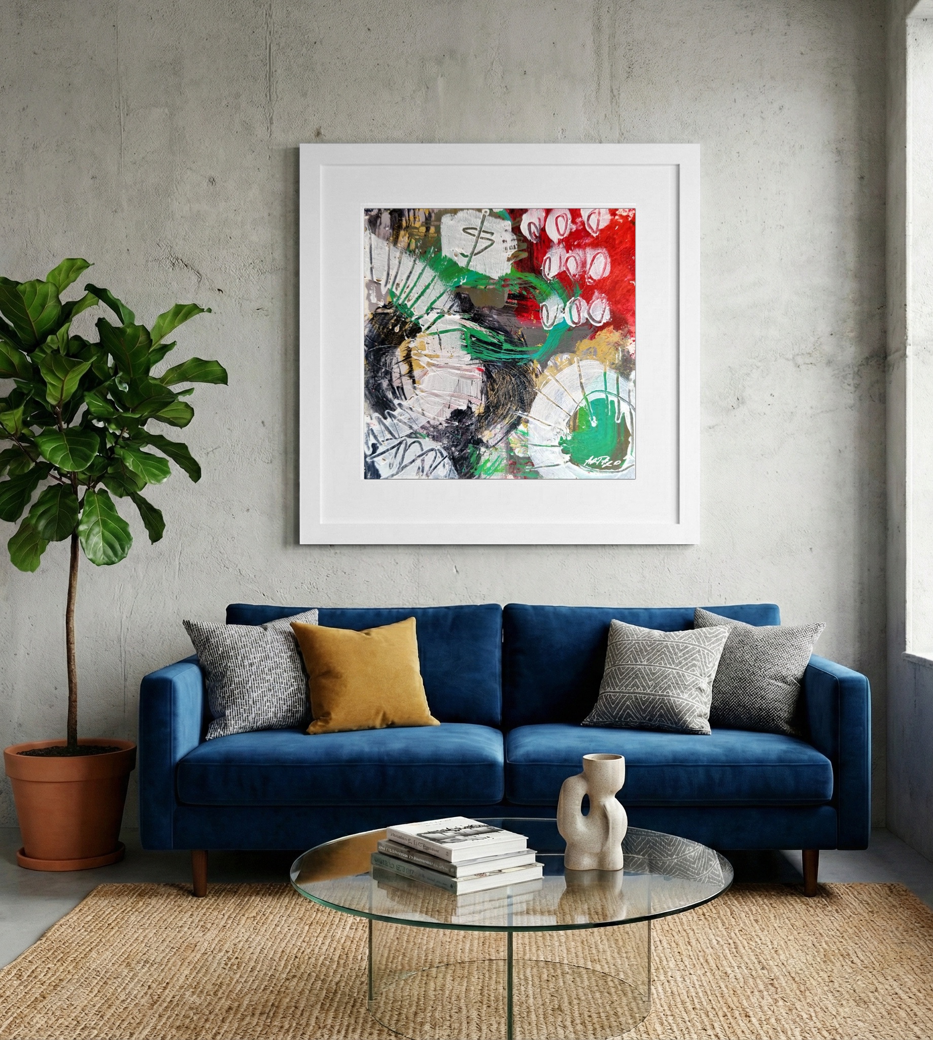 Emerald and Red Abstract on Paper — art on the wall, room interior preview 2