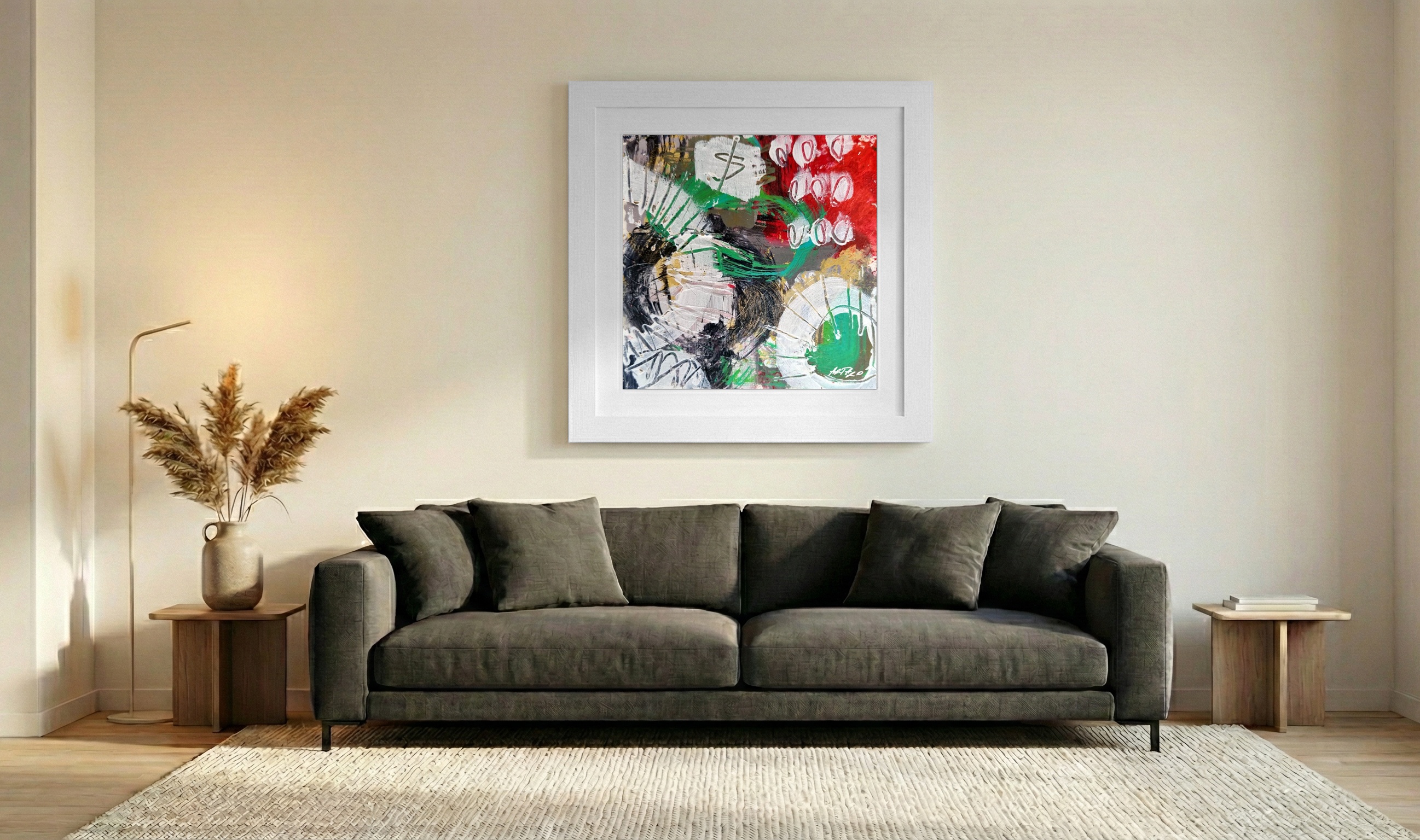 Emerald and Red Abstract on Paper — art on the wall, room interior preview 3