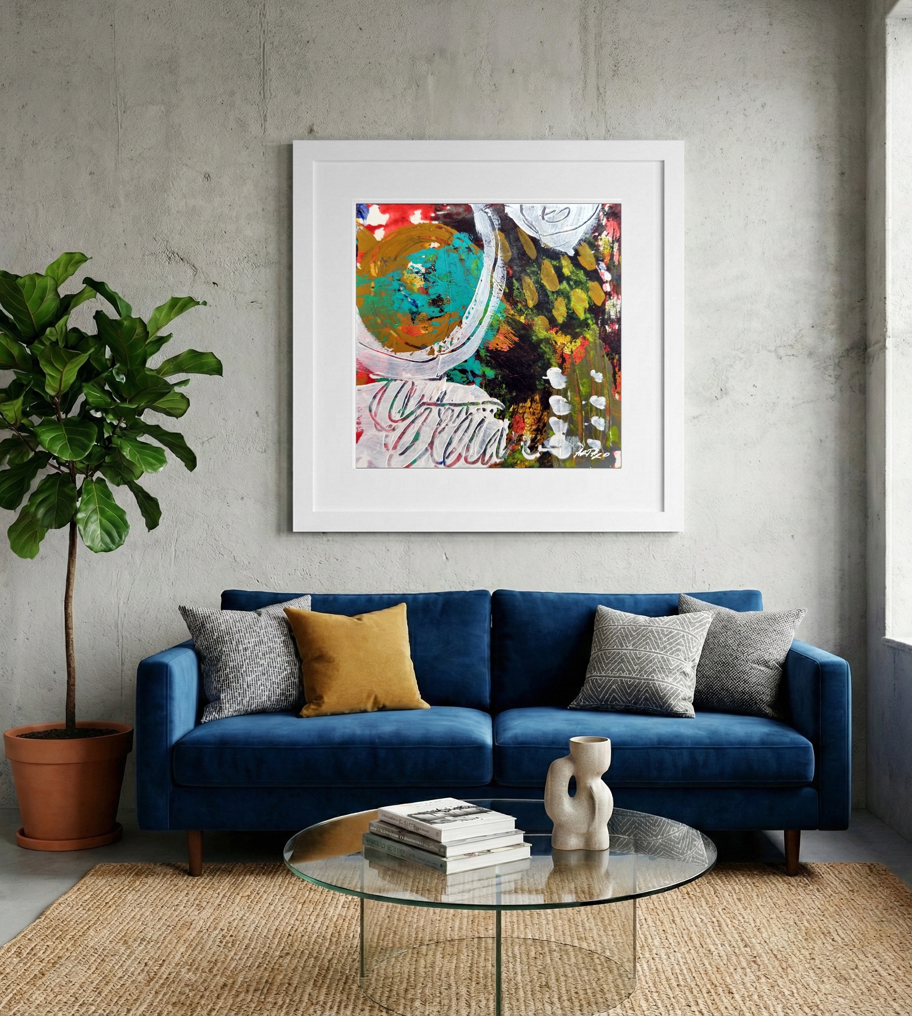 Turquoise and Gold Abstract on Paper — art on the wall, room interior preview 2