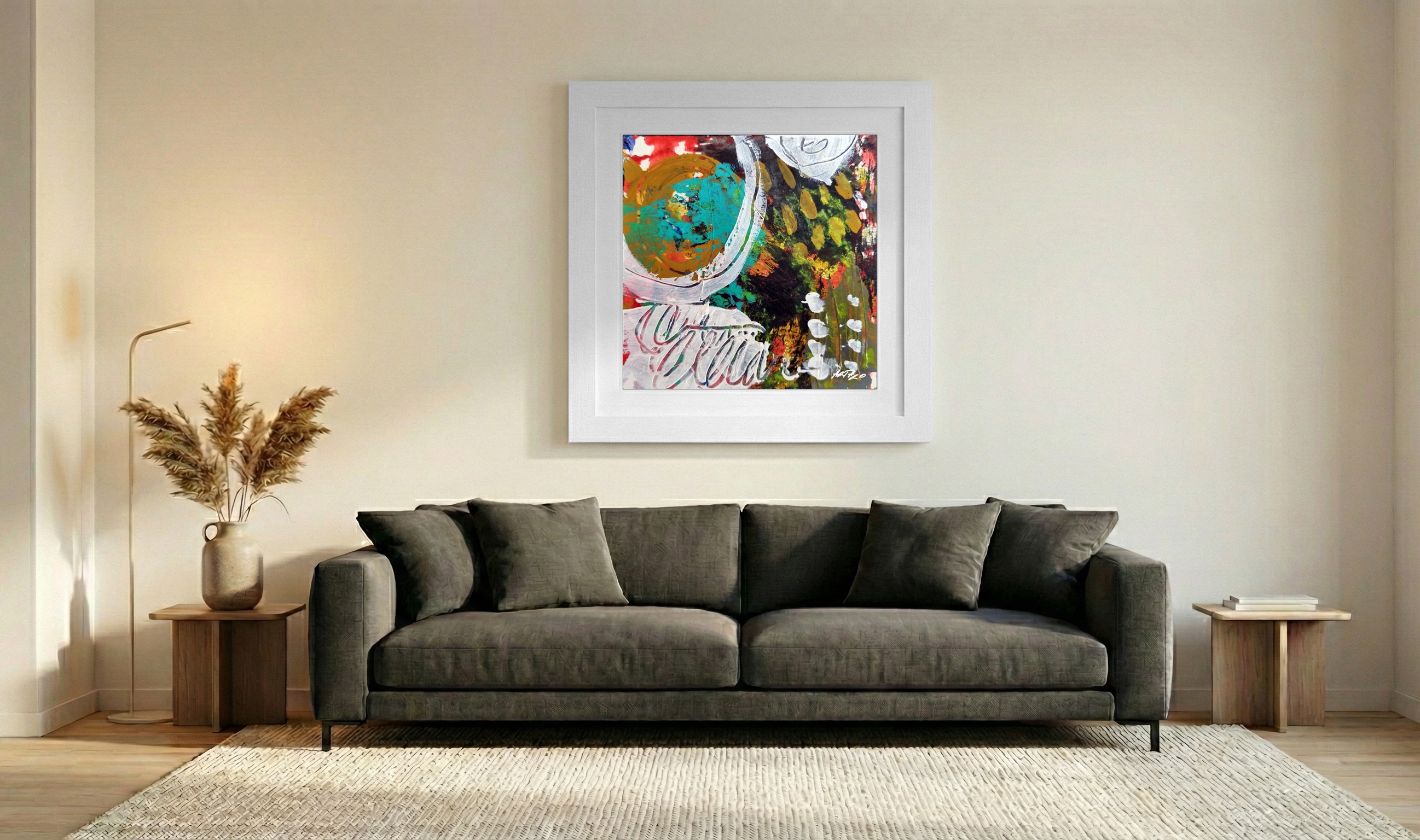 Turquoise and Gold Abstract on Paper — art on the wall, room interior preview 3