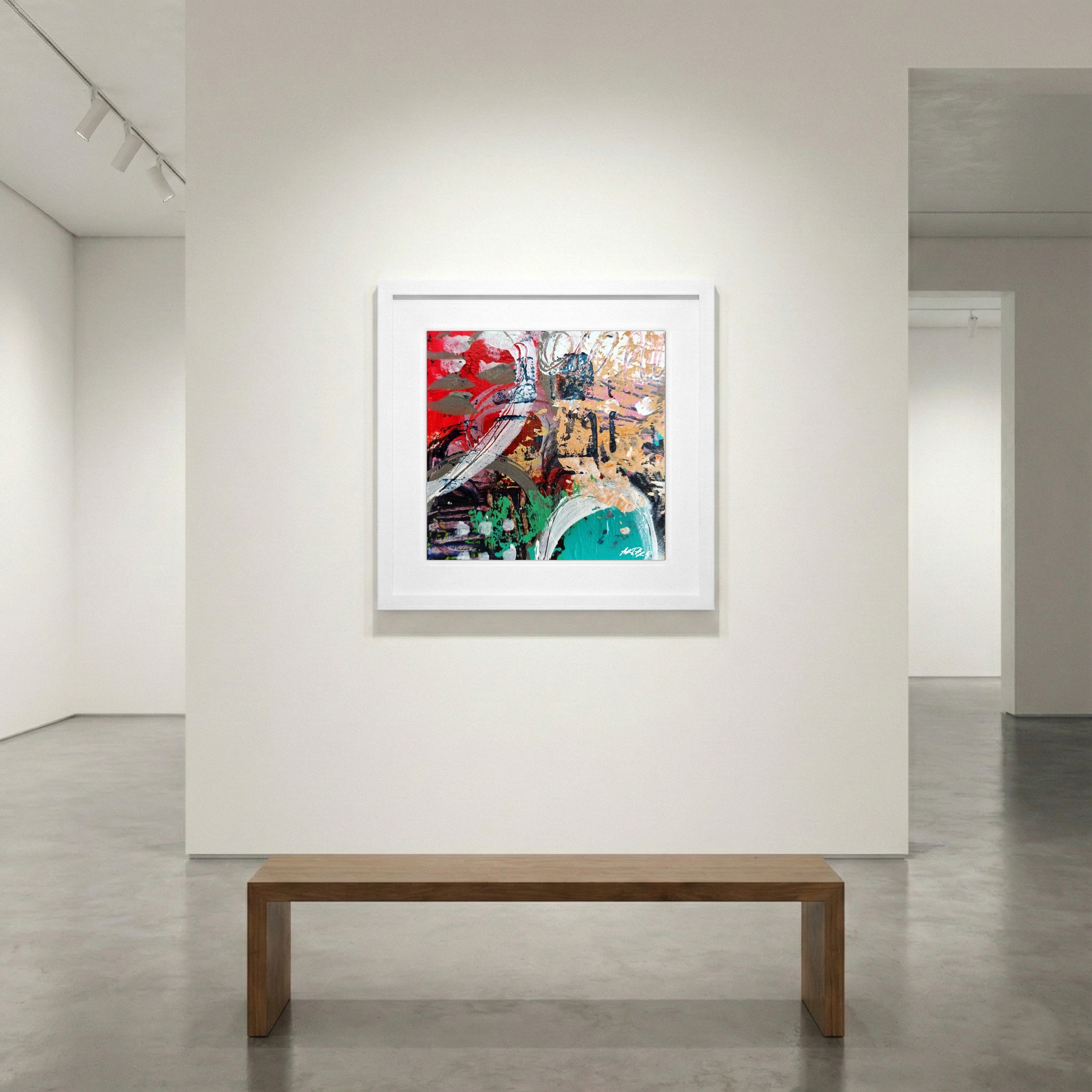 Crimson and Aqua Abstract on Paper — art on the wall, room interior preview 1