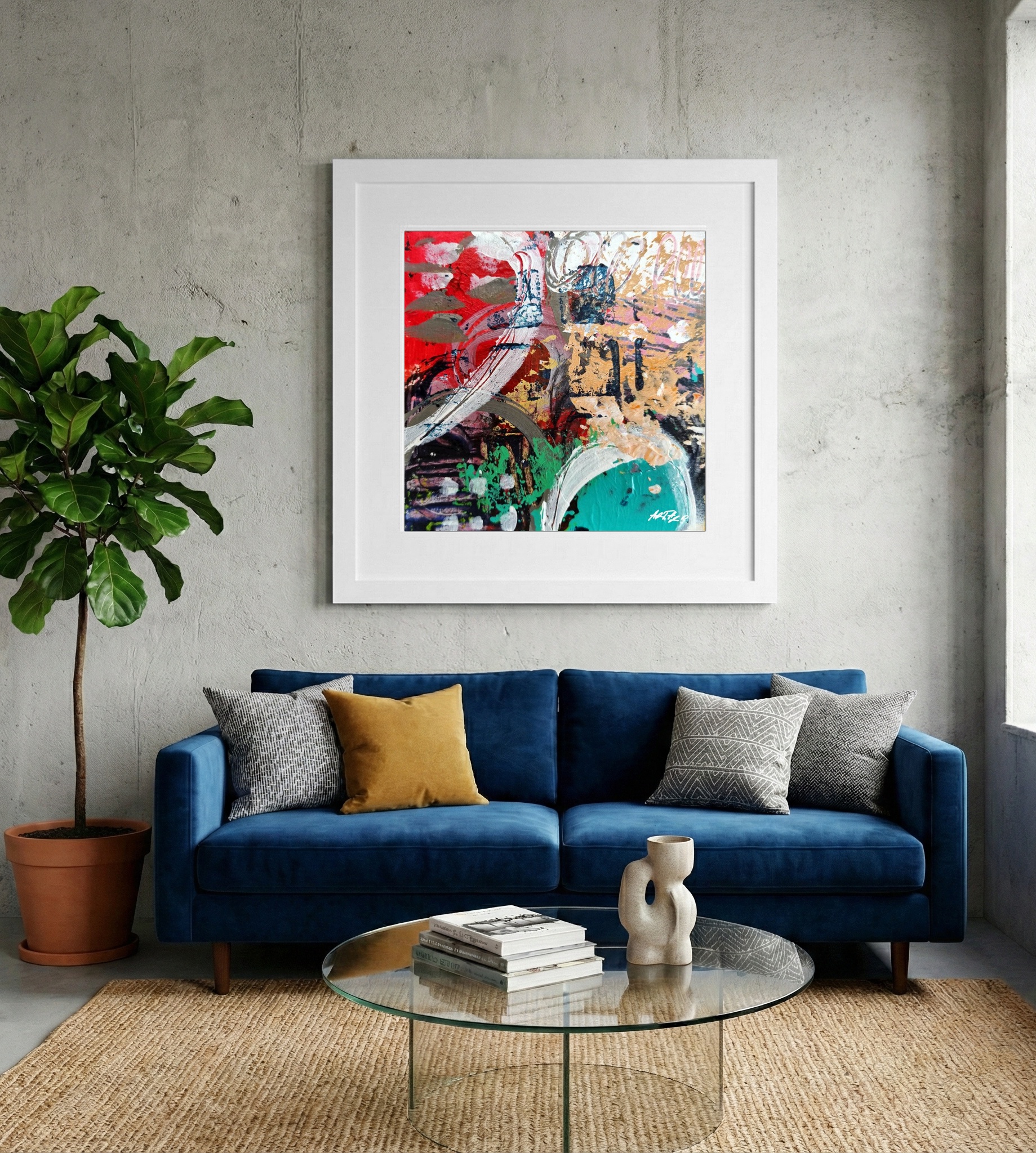Crimson and Aqua Abstract on Paper — art on the wall, room interior preview 2