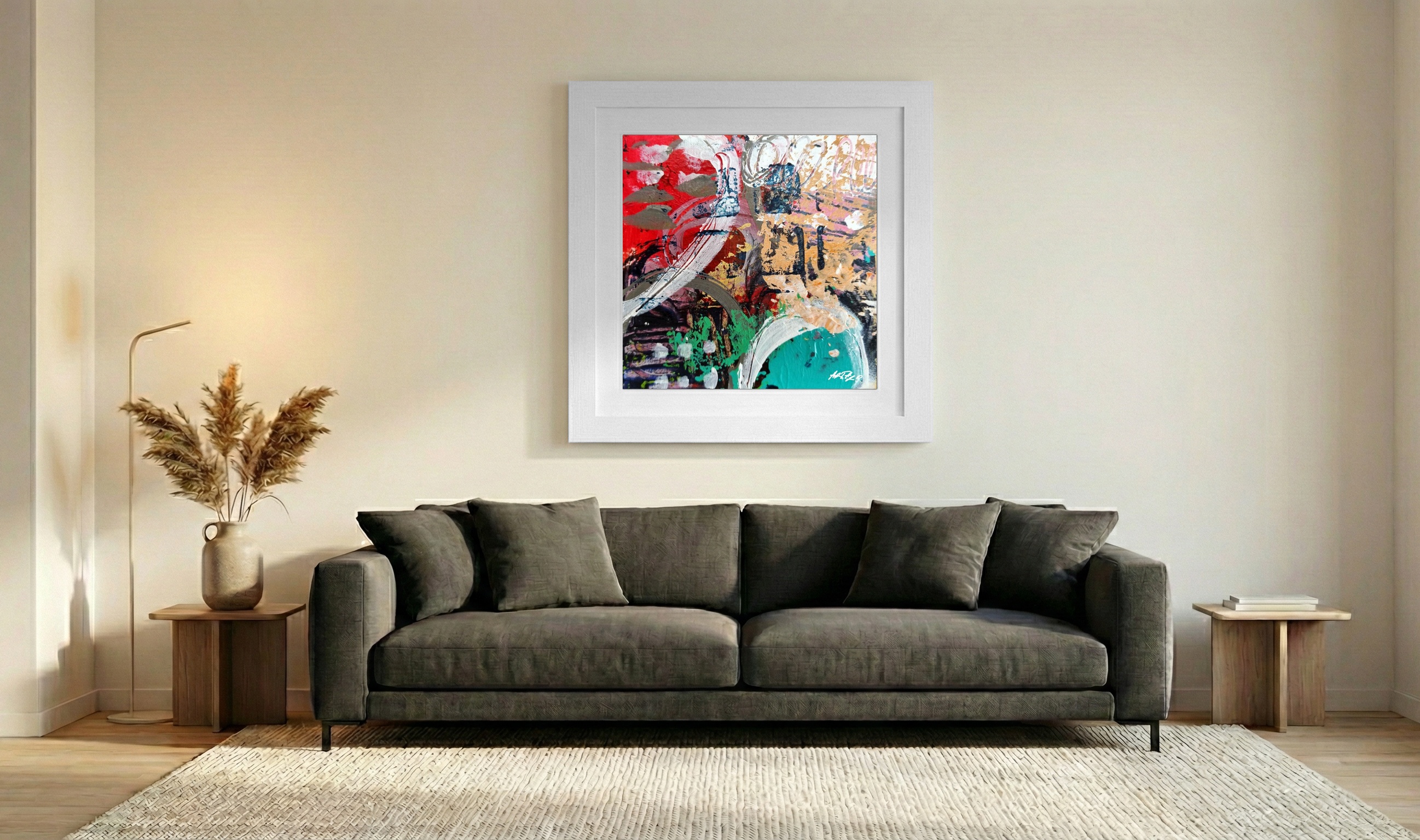 Crimson and Aqua Abstract on Paper — art on the wall, room interior preview 3